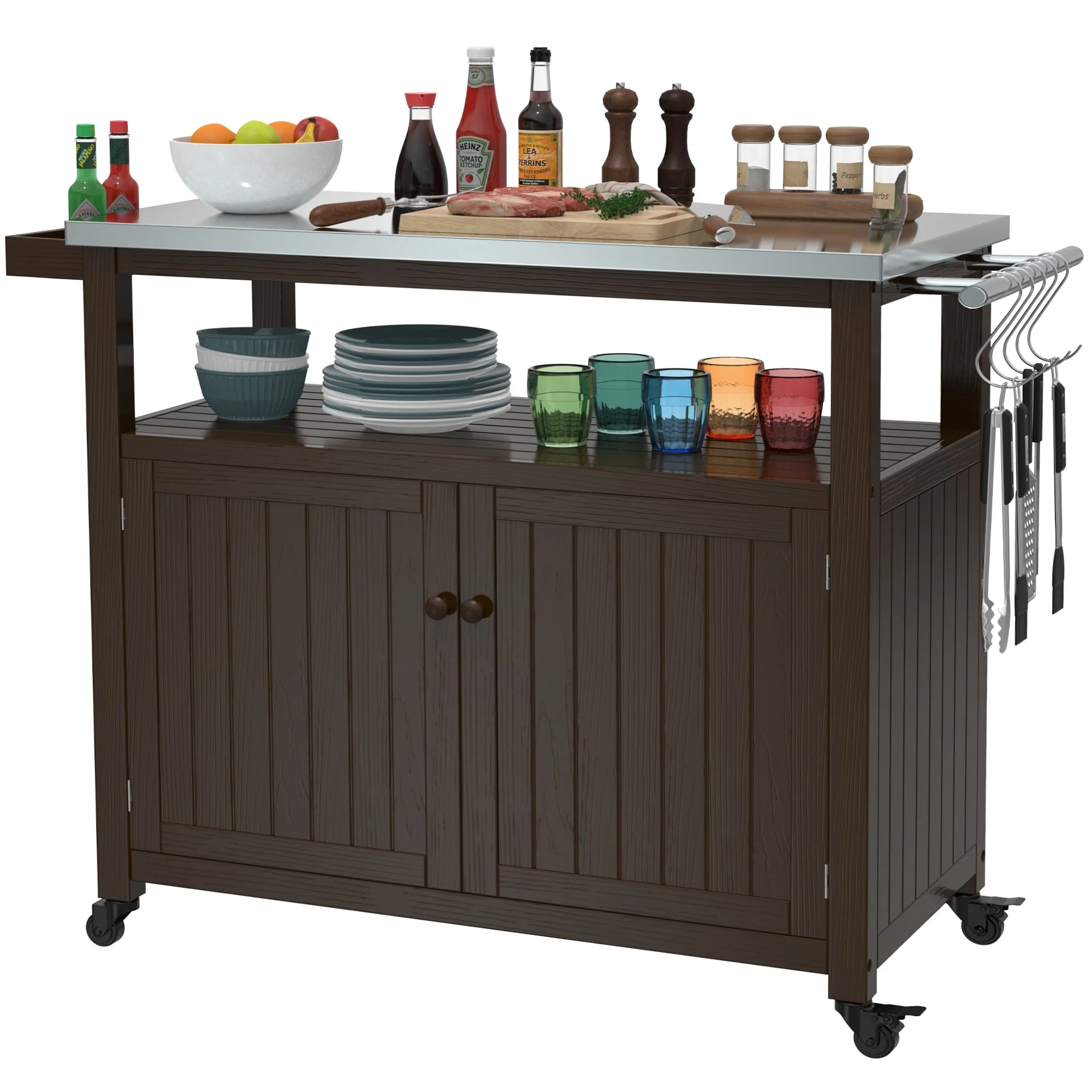 283a7064370732f77378c74c984686118c11efe639de7c658c6f73dfab516e58.webp Outdoor Prep Table Grill Station, Solid Wood Movable Dining Cart Table, Dark Brown - Image 1