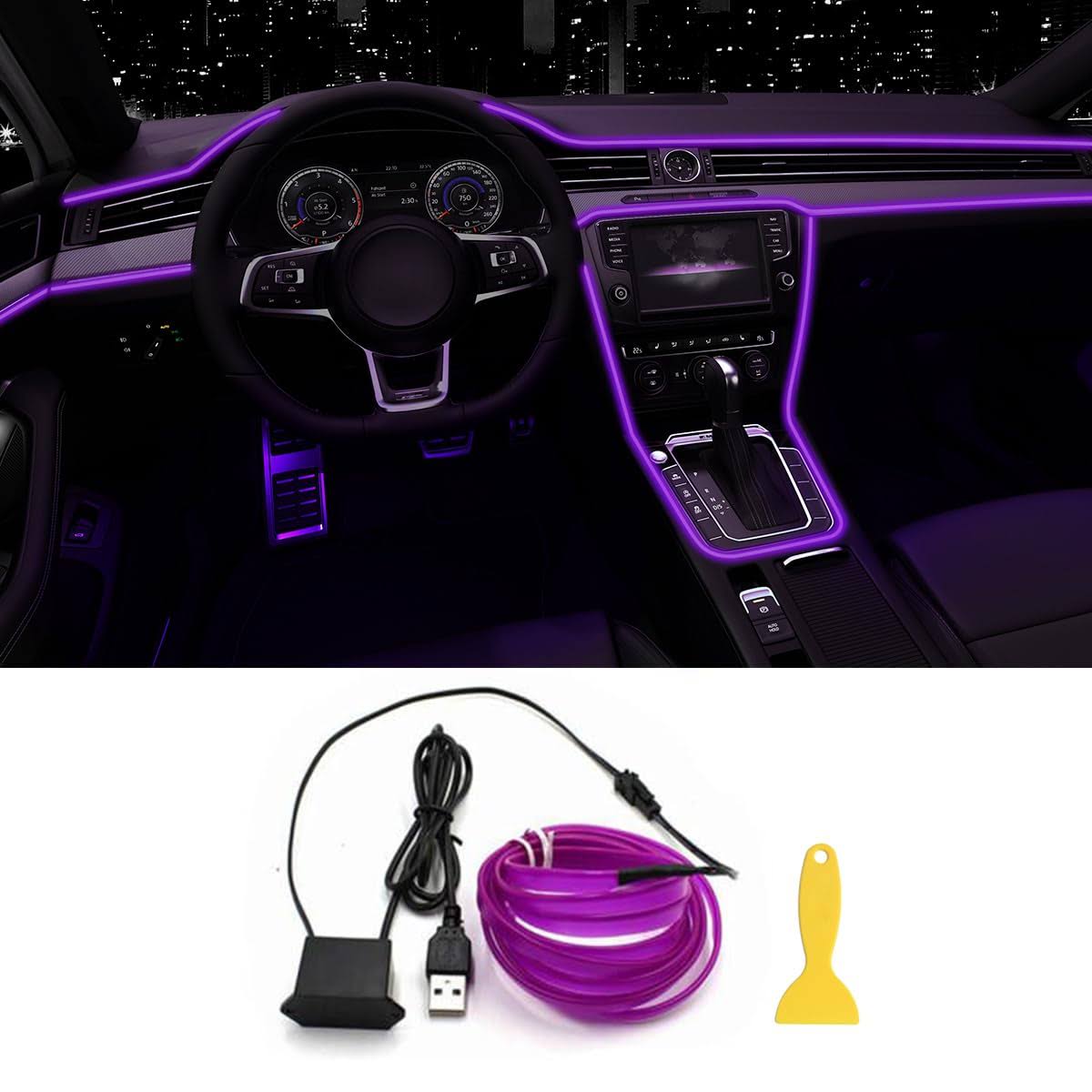 284f672d8c860ef2abdd03be48b53eca5c07d11b211e0f2b9ac01bb068f0f8e2.jpg El Wire Interior Car LED Strip Lights, QVEVDACAR USB Neon Glowing Strobing Electroluminescent Wire Lights with 6mm Sewing Edge, Ambient Lighting Kits - Image 1