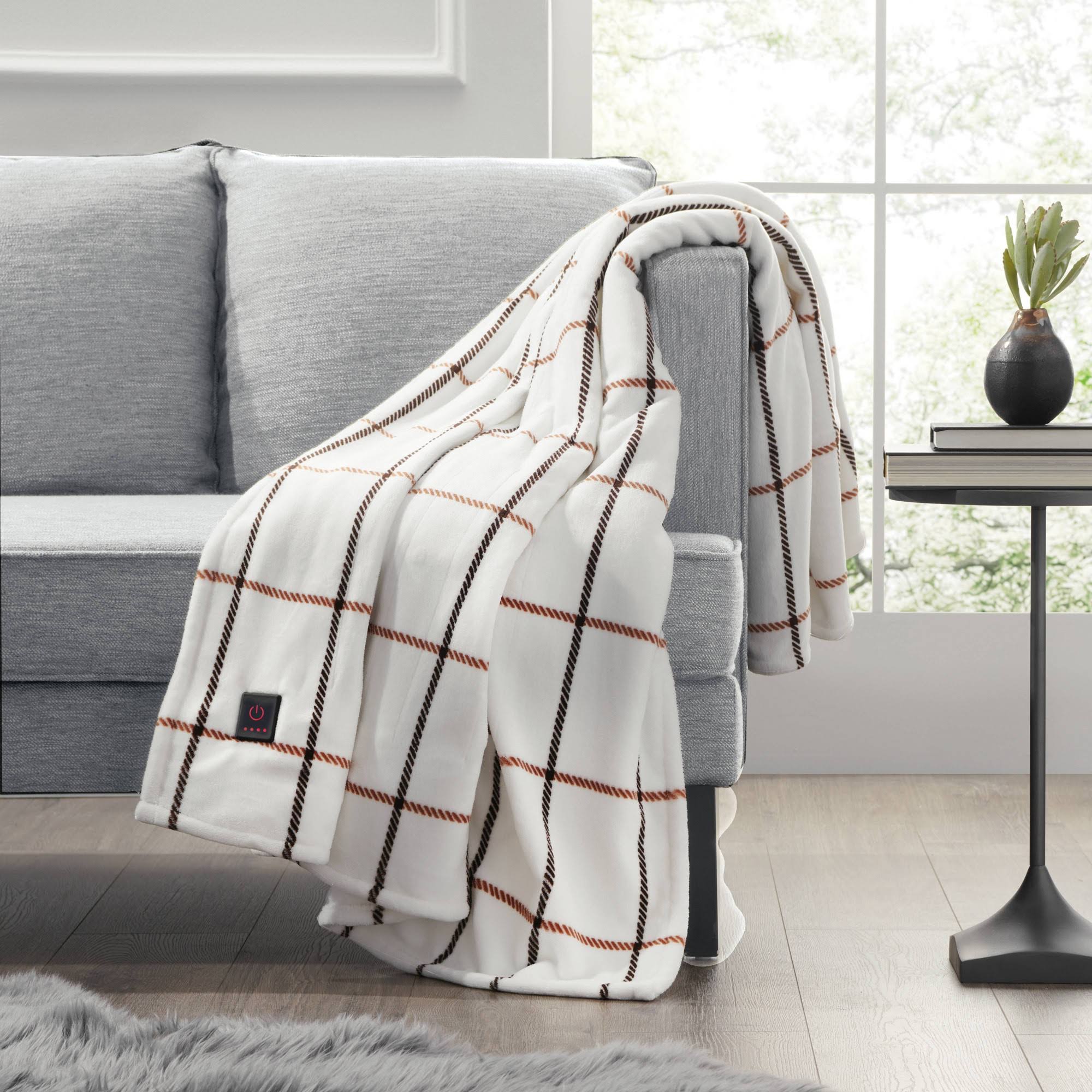2884d288f2e300a80dba00532902dce0d5e383628e434ed75eb67552101554fd.jpg 50"x60" Cozy Heated Throw Blanket Camel Window Pane - Brookstone - Image 1