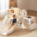 XJD 10 in 1 Toddler Slide, Kids Slide for Toddlers Age 1 - 3, Toddler Play Climber Slide Playset with Basketball Hoop and Ball, Toddlers Outdoor Indoor Playground(Beige+Coffee)