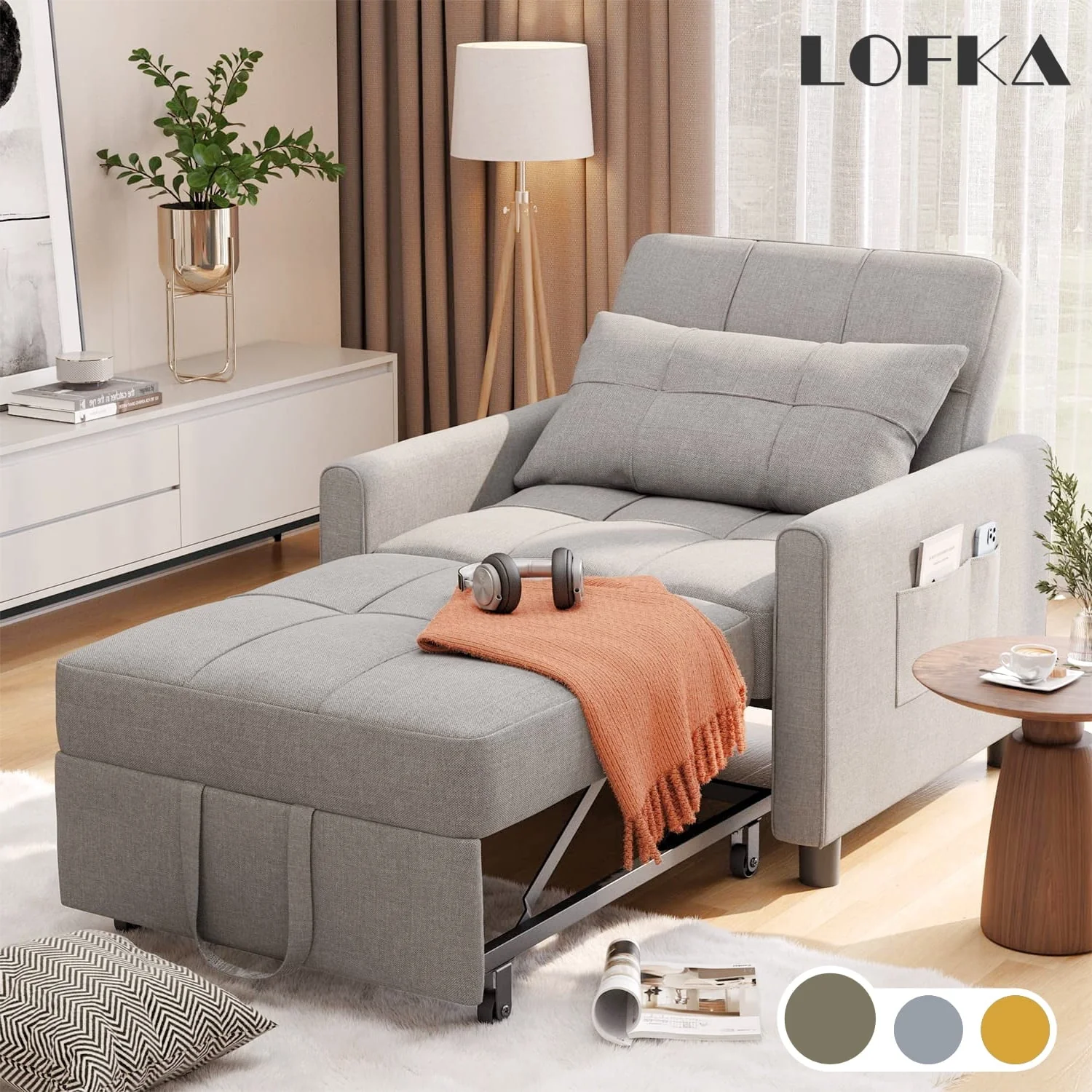 28a5a3d1d6d4db454e64811e44e4509f7cd2bed7643358fcf240b90120aad8db.webp Lofka Chair Bed, Convertible Sofa Bed Couch Recliner Single Bed for Living Room/Office/Bedroom, Light Gray - Image 1