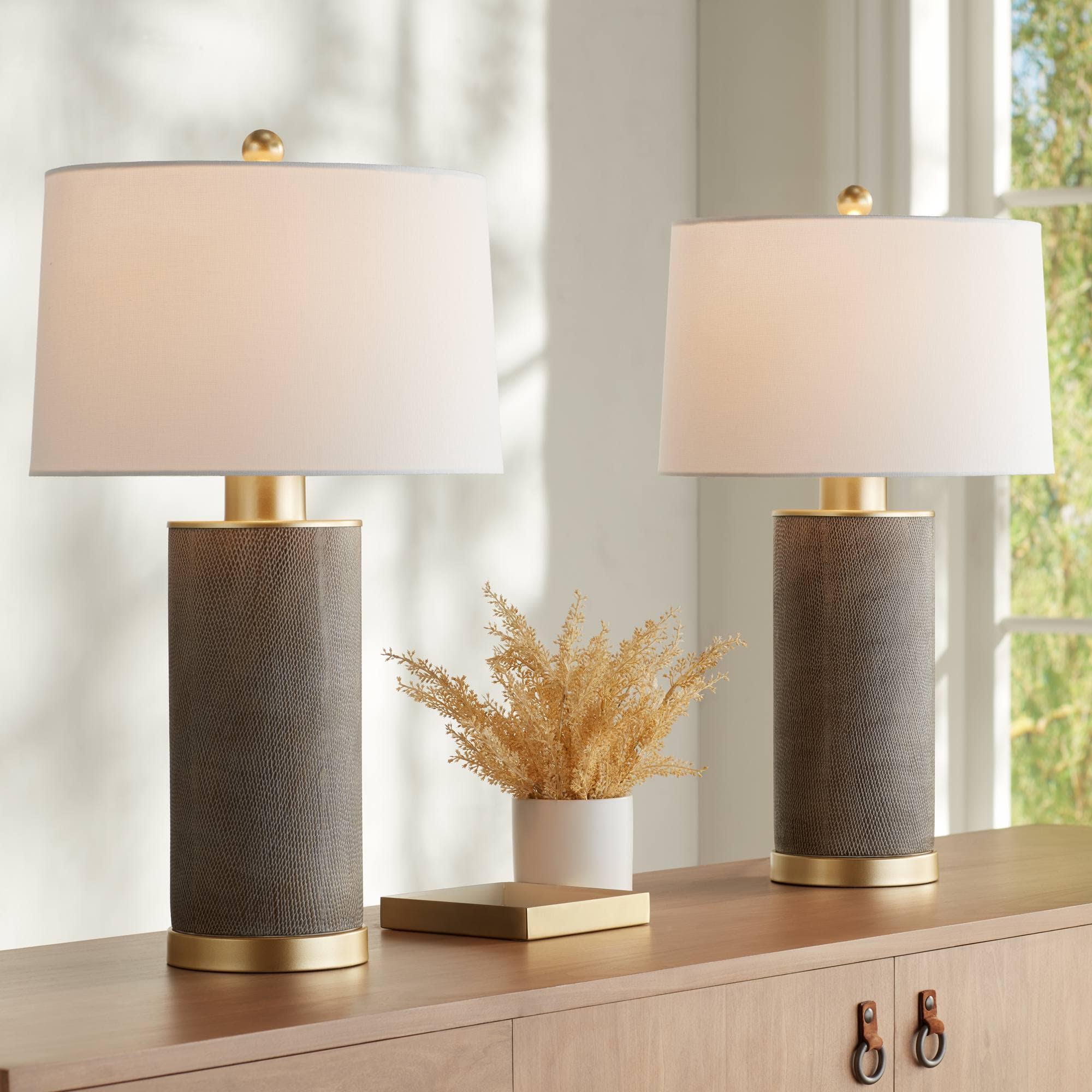 28ca81b3efcfd4d1d3d579f196e3985855cb0decd224a4f6567cb0405f2842e1.jpg 360 Lighting Gilson 24 3/4" High Modern Glam Luxe Table Lamps Set of 2 Gold Textured Gray Finish Ceramic White Shade Living Room Bedroom Bedside - Image 1