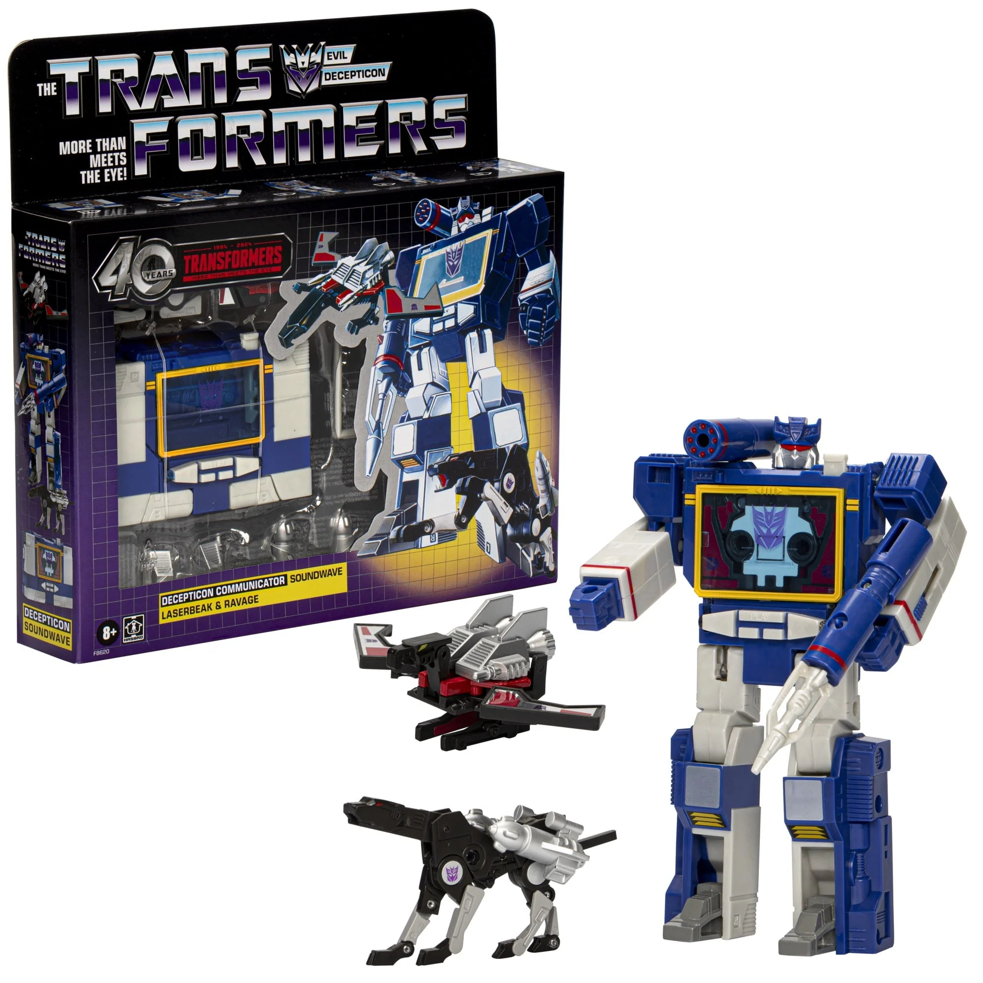 28d53d4c34c1bcf727e98c46db8207f15159b1537c67c0a2420f9775176dad53.webp Transformers Toys Retro 40th Anniversary Soundwave, Laserbeak, & Ravage Action Figures - Image 1