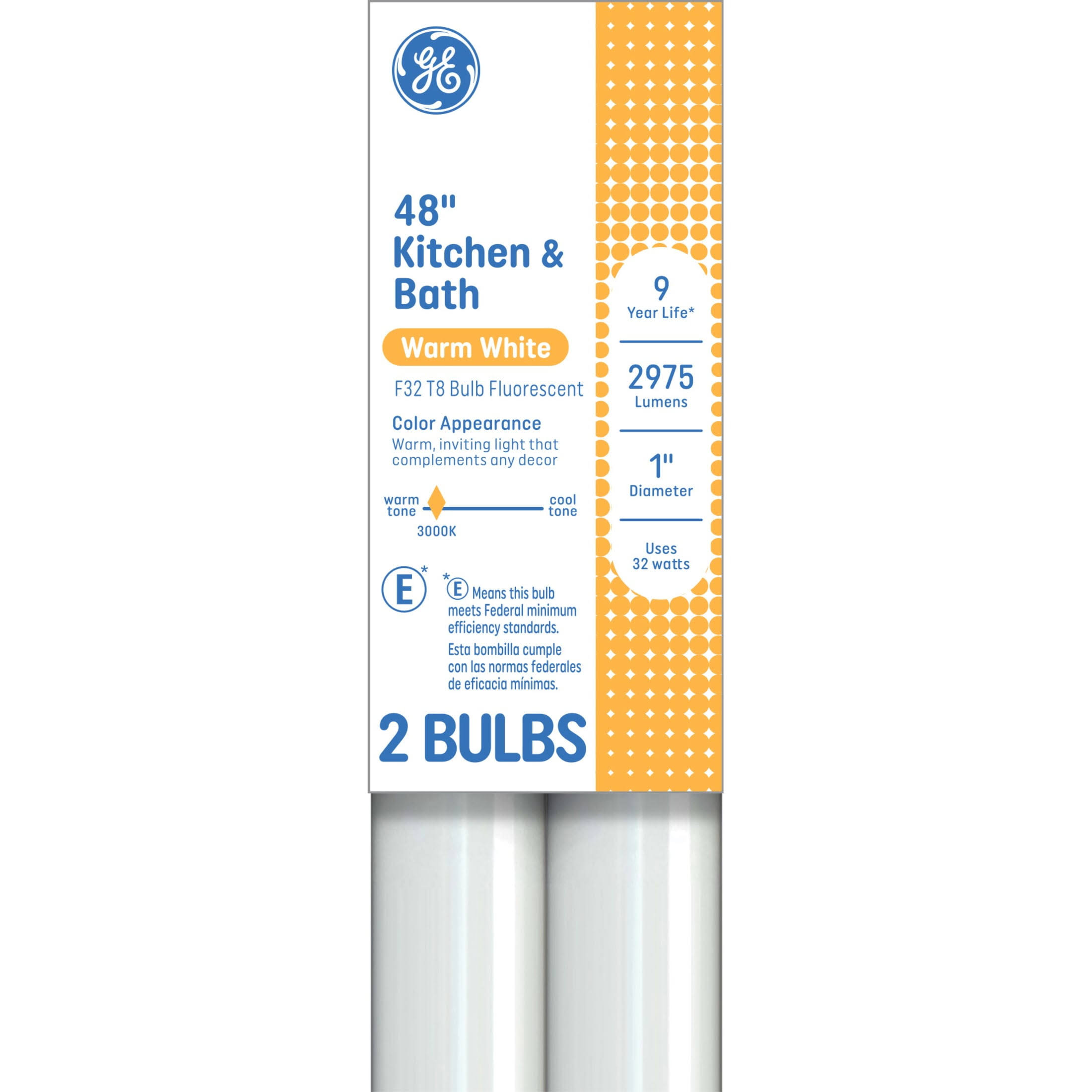 28deb4c5e85b7913d10301787b89d5d73b2e1937fc8766cd2a295e9ee950c746.jpg GE 32W T8 Kitchen & Bath Bulb - 2 Pk. - Image 1