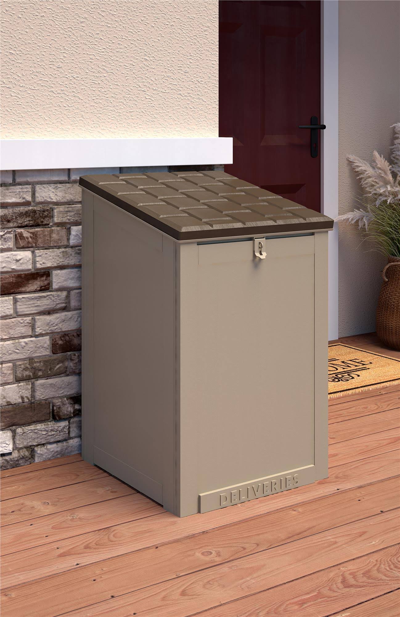 293614f4387e47ceffee144fc5e159e0bd3d8f839d073657ad306eb0345b1a5c.jpg Cosco 88333BTN1E Outdoor Living BoxGuard , Large Lockable Package Delivery and Storage Box, 6.3 Cubic Feet, Tan - Image 1