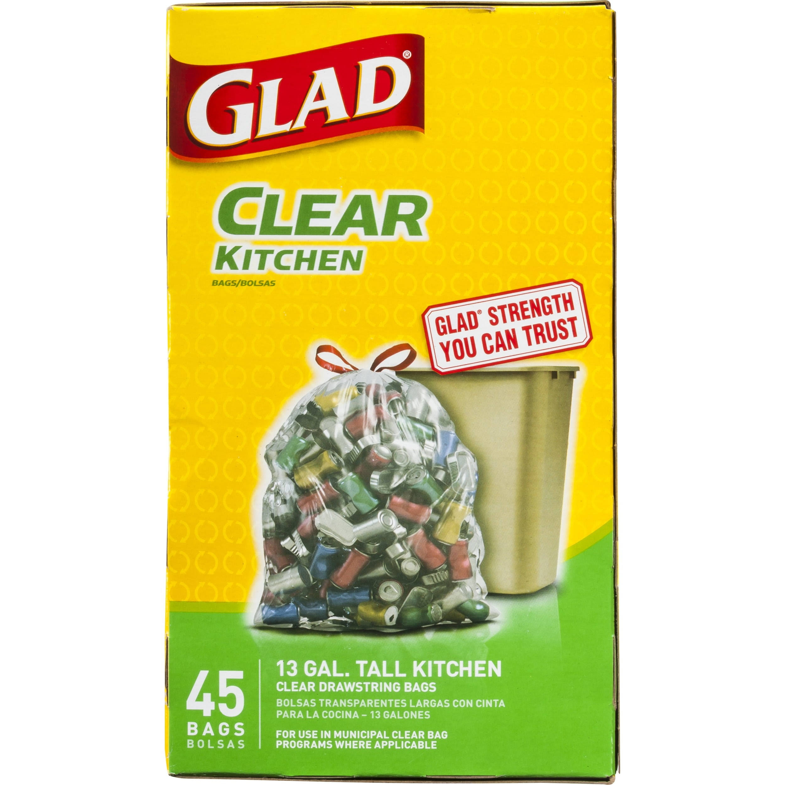 2978d8260d6346f4bcb5da138c17e332e1a638c64e36d5b088e81768394b4994.jpg Glad Tall Kitchen Bags, Clear Drawstring, 13 Gal - 45 bags - Image 1