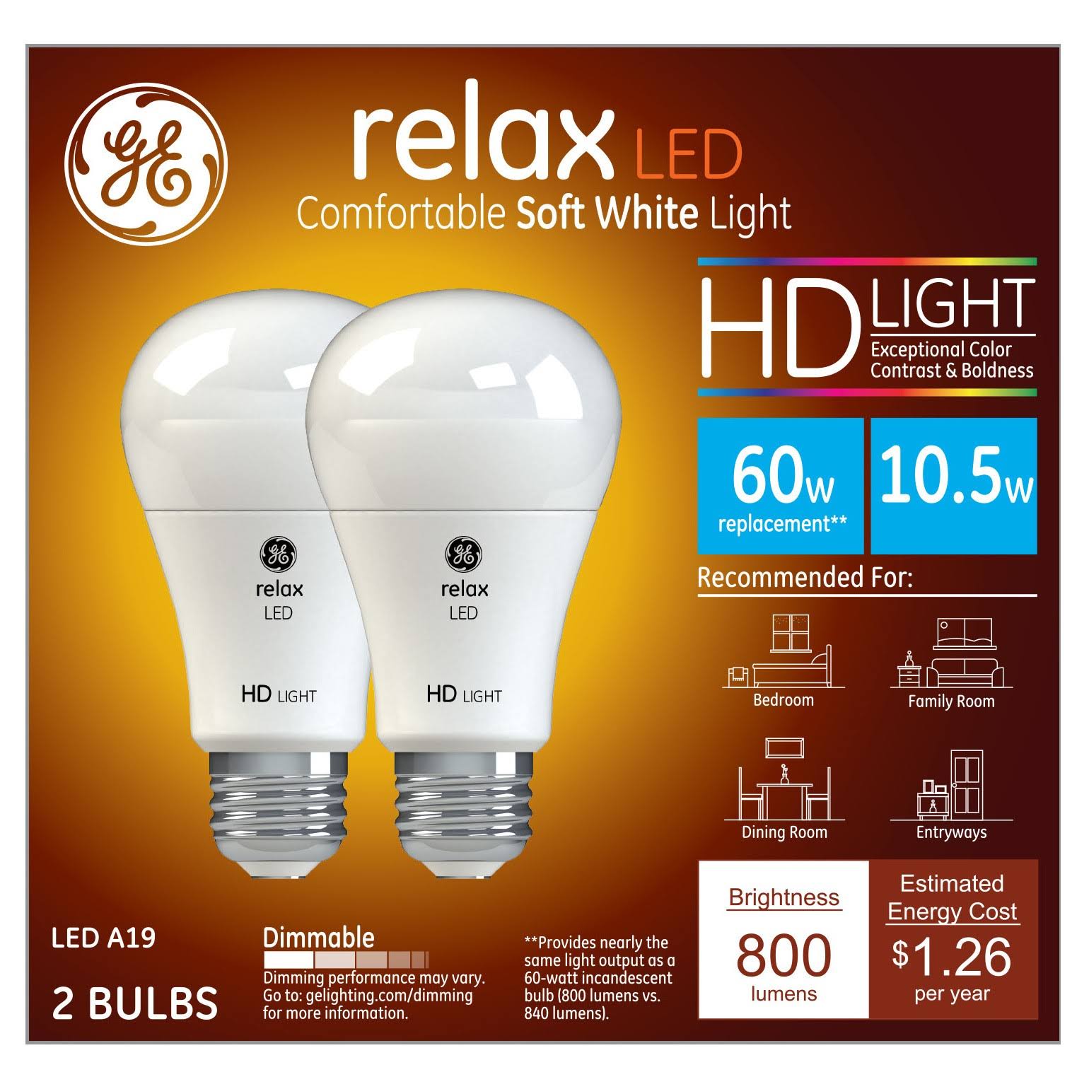 299163ef2df30dcc5a609a4d17b68282ea0aec24cd53fa46ae69c4fbcf3ba4d3.jpg GE Relax HD Dimmable LED Light Bulb, Soft White - 2 pack - Image 1