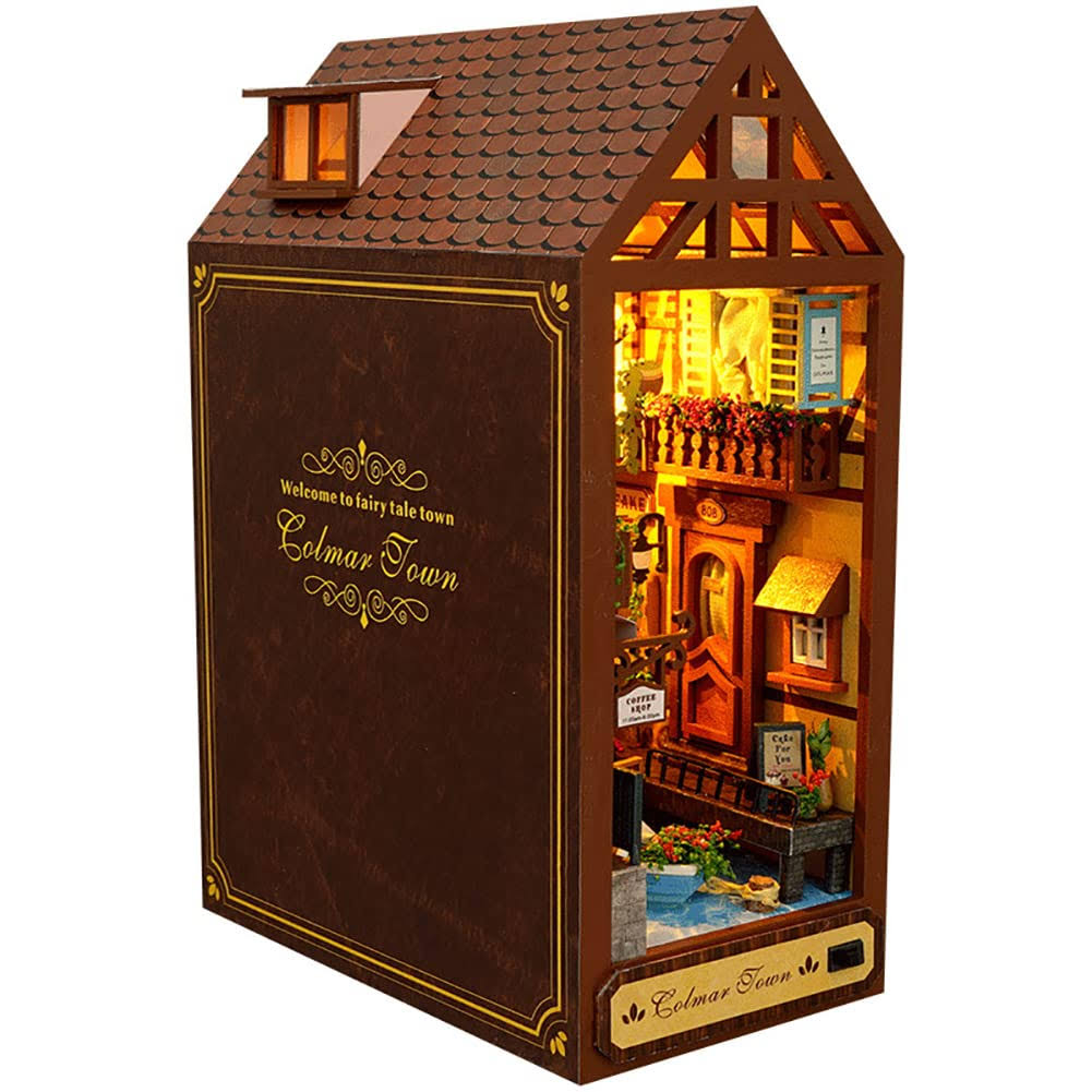 29ecde5162960fe977d9ea1f3a16a66b40b575b50f2f82c2c67ad26636679521.jpg TOPBSFARNY 3D Wooden Book Stand Puzzle DIY Dollhouse Wood Bookends Book Nook Model Building Kit with LED Light for Teens and Adults to Build-Creativit - Image 1