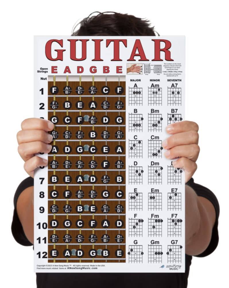 A New Song Music Laminated Guitar Chord & Fretboard Note Chart Instructional Easy Poster for Beginners Chords & Notes 11"X17"