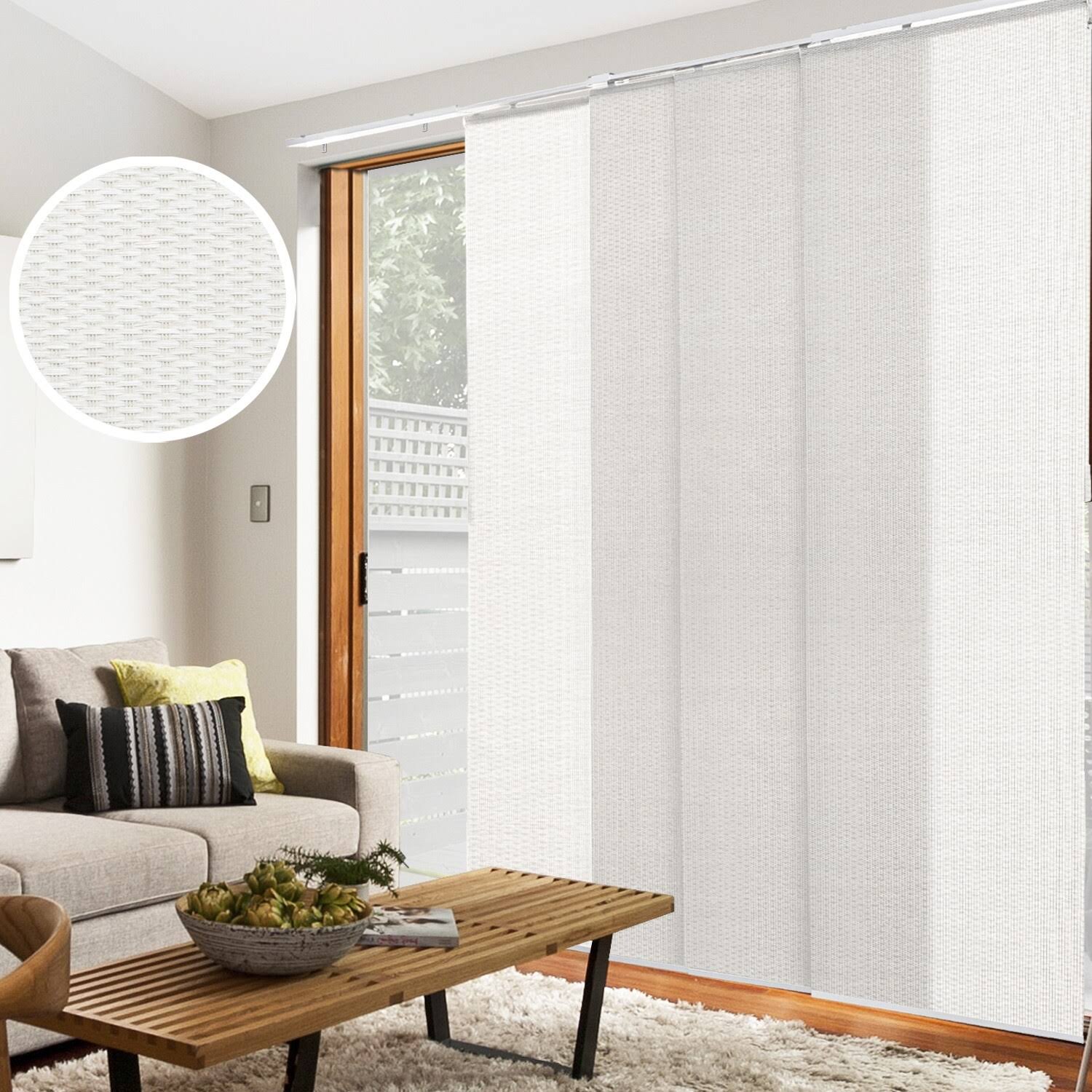 2a04a218f418df6e5ae1a3c341e3344318ed91b4b667803e1eecc3e1876d074a.jpg Chicology Woven Adjustable Sliding Panel Track Blind Size Up to 86 inchw x 96 inchh White - Image 1