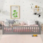 Twin Size Floor Bed for Kids, Wood Twin Montessori Bed Frame with Fence Guardrails and & Support Slats, Twin Playhouse Bed with Door Design, Kids Fence Bed Playpen Bed for Toddler, Boys, Girls, Gray