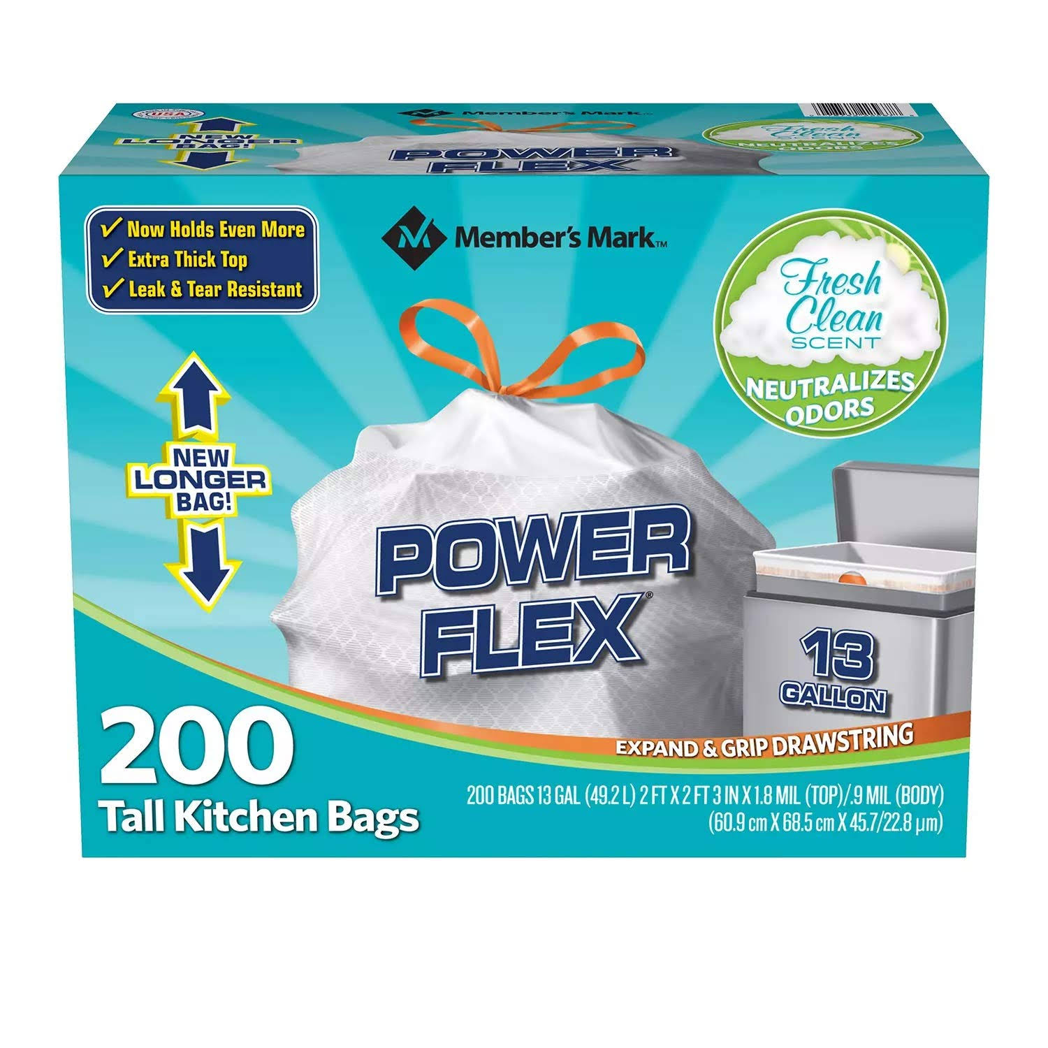 2a70fb3f3637920cb5af3dbdf1f94c6acc5802610d2d9de7895574c4f47bc7d5.jpg Members Mark 13 Gal Power Flex, Leak Protection, Tall Kitchen Simple Fit Drawstring Bags (1-Pack, Fresh Clean Scent) - Image 1