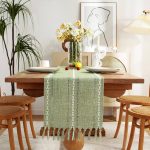 Chassic Rustic Farmhouse Style Linen Table Runner, Boho Handmade Tassel Embroidered Small Table Runners 48 Inches Long for Holiday Party, Christmas A