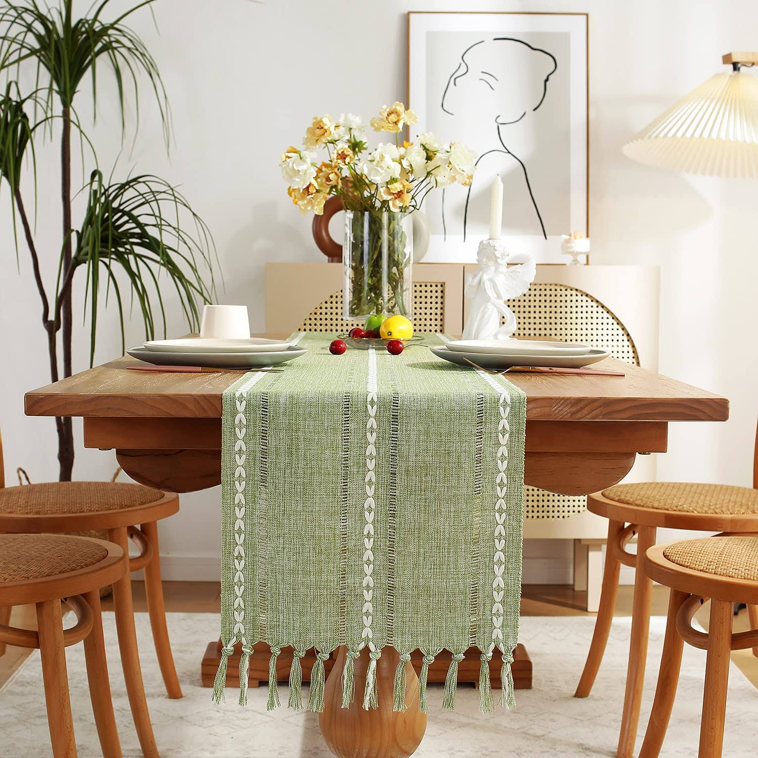 2aac1fe57dddfb79dbadd1af6f16ab5eefcd9a50487d74872db0f12a4a1428bb.jpg Chassic Rustic Farmhouse Style Linen Table Runner, Boho Handmade Tassel Embroidered Small Table Runners 48 Inches Long for Holiday Party, Christmas A - Image 1