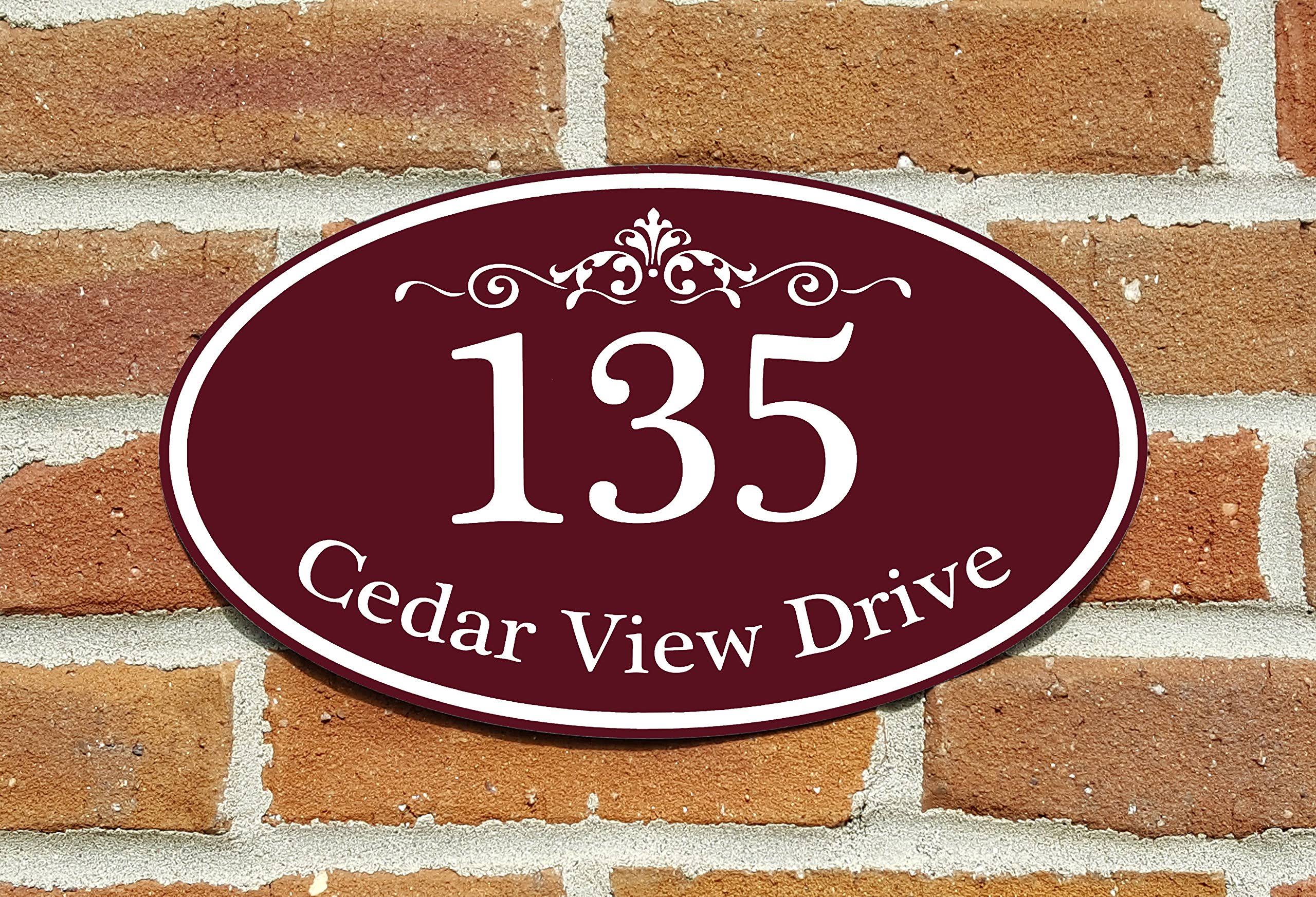 2aae19260aa498f89553ace15527260885375e9dd8e3c23fb0e51c7920e20c4c.jpg Customized Home Address Sign, Aluminum 12" x 7" Oval House Number Plaque, Personalized Color Choices Available (Burgundy) - Image 1