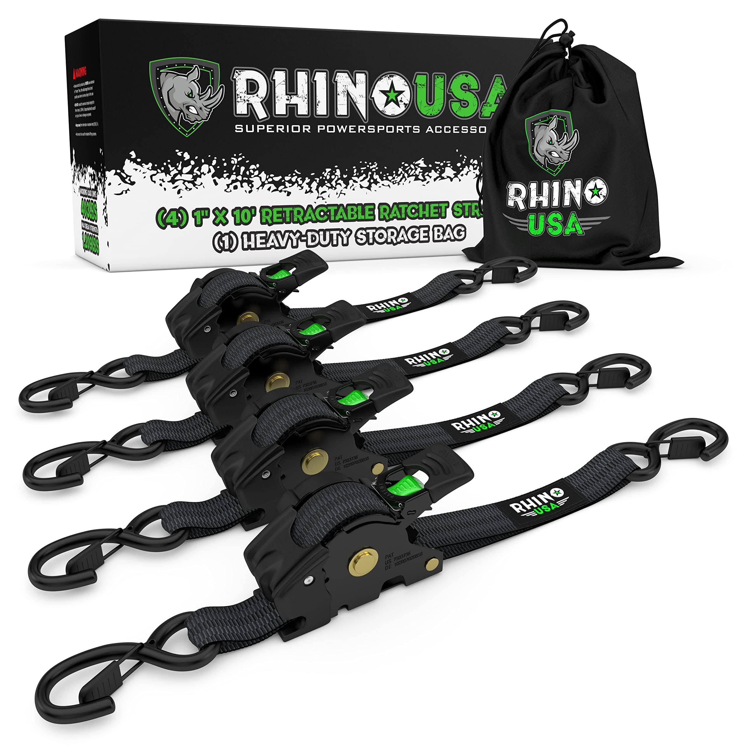2accf3fa64fe74f24ae9df17a012642e46549c729118da01f8165339a1e196cb.jpg Rhino USA, Inc. 1" x 10' Retractable Ratchet Straps - 4-Pack - Image 1