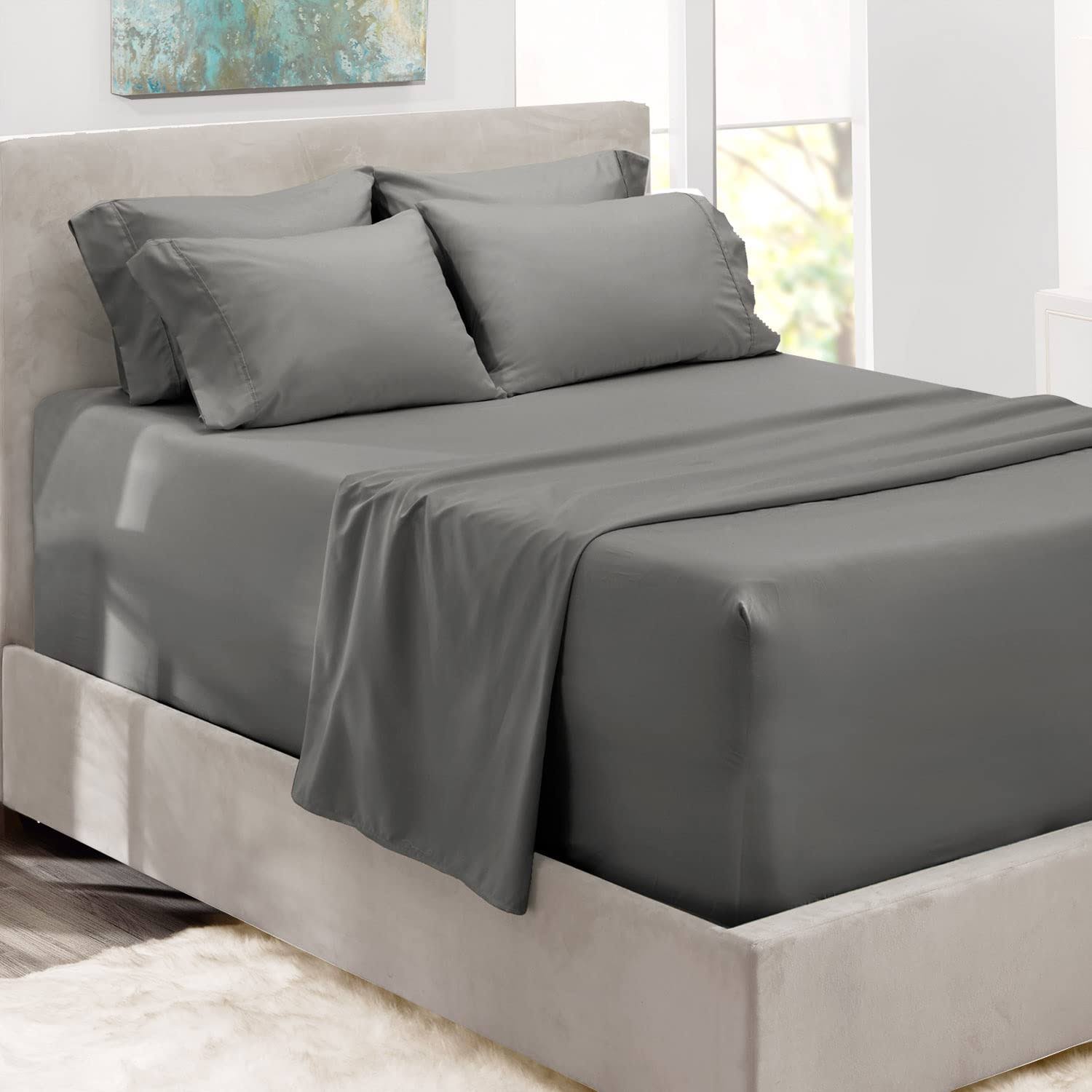 2b298a694345cf462cd951a982198e605eaa683dab4b36213bc6fa029d108123.jpg Nestl Bedding 6 Piece Bed Sheet Set - Extra Deep Pocket Full Grey - Image 1