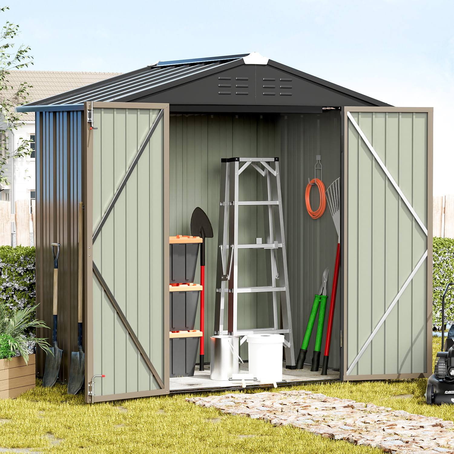 2b3a338904af7647d712fa873e11e551373fa0aa80f391b418654a46bec86827.jpg Devoko 4�G6 ft.Patio Metal Shed, Lockable Garden Shed for Outdoor Backyard Patio Storage - Image 1
