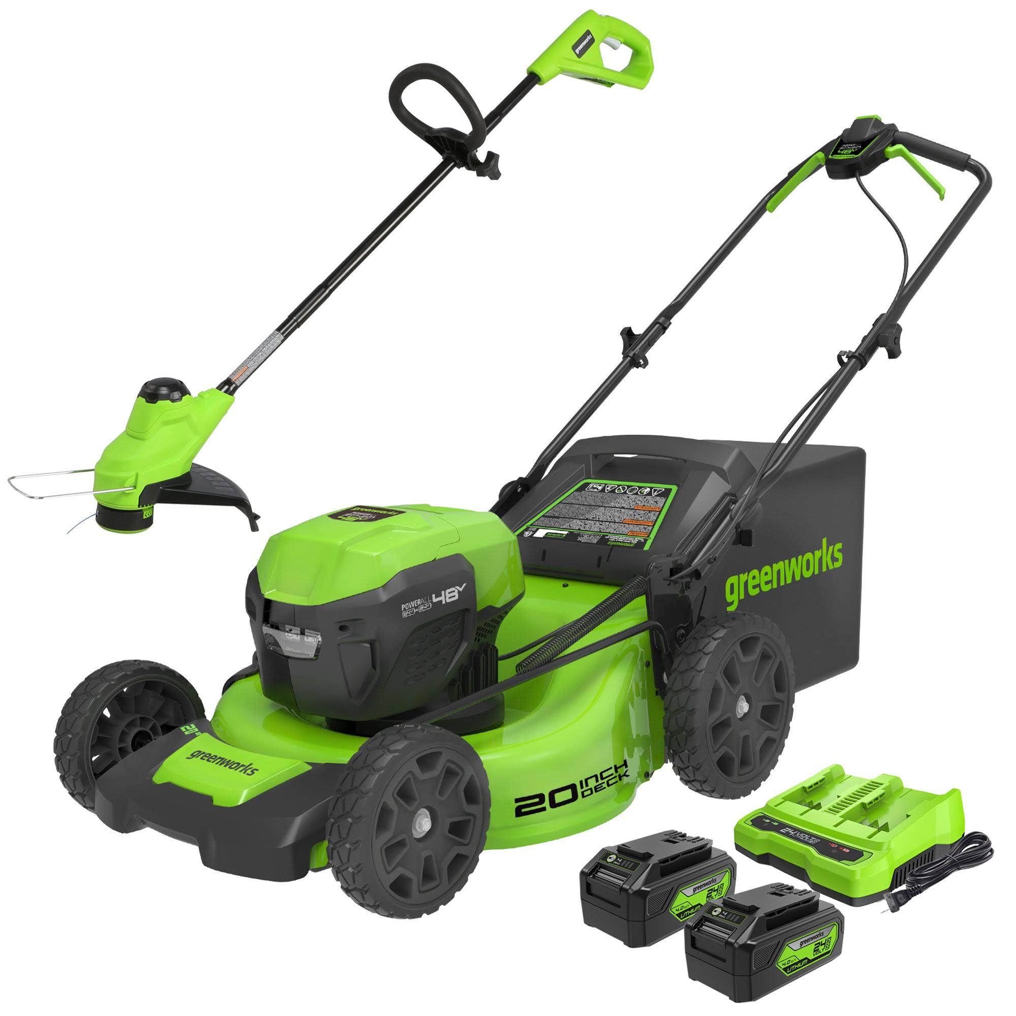 2b756f64ff766709ac83d677d8783d7fc1f3ed7b3a1cab854d011059d7652176.jpg greenworkstools-48V (2x24V) 20" Cordless Battery Push Mower & 10" String Trimmer Combo Kit w/ (2) 4.0Ah Batteries & Dual Port Rapid Charger - Image 1