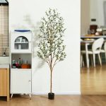 7 ft Artificial Olive Plants with Realistic Leaves and Natural Trunk, Silk Fake Potted Tree with Wood Branches and Fruits, Faux Olive Tree for Office