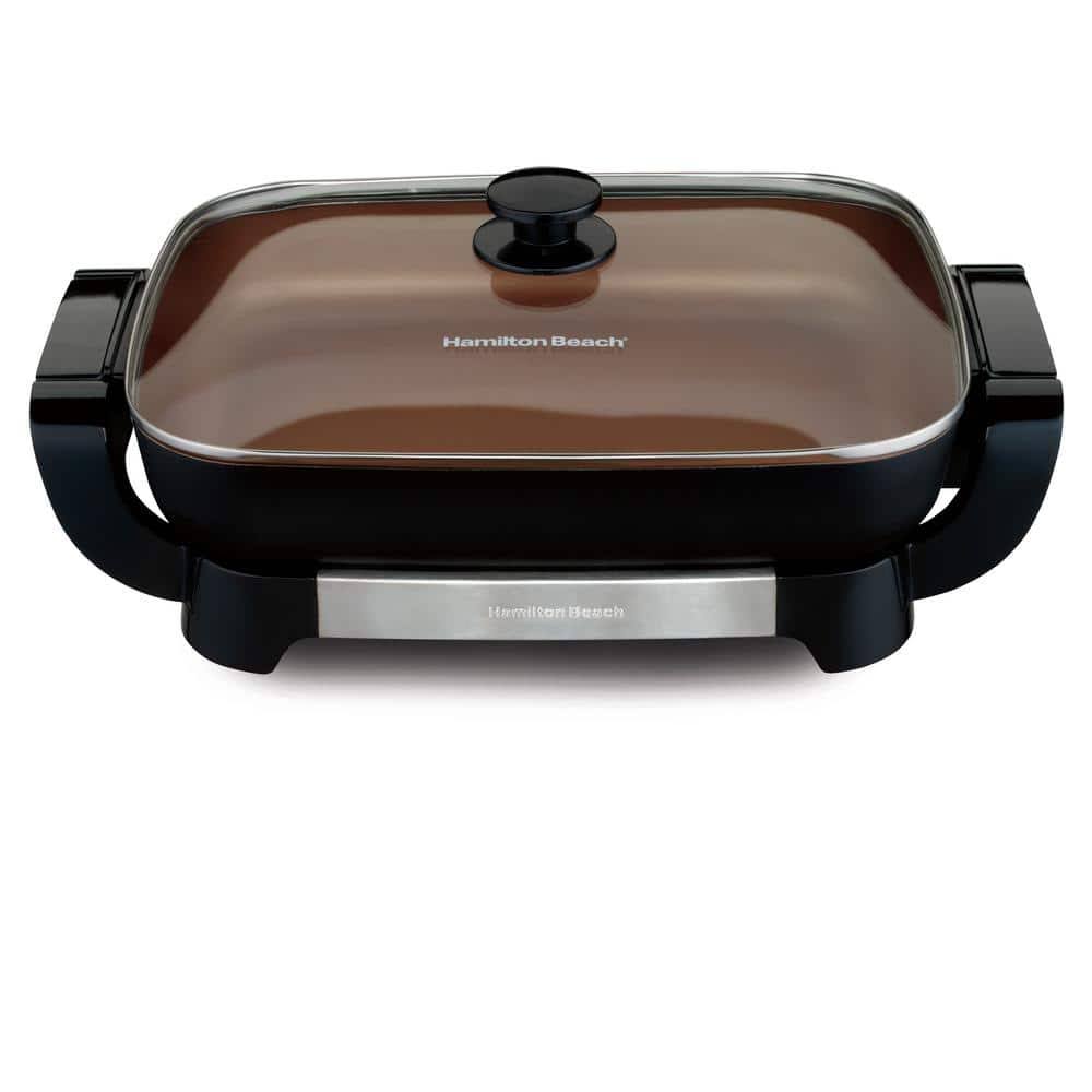2bd312c44573e62e366753949c0603522c8dcf8868ef64e4ff0d41950d11c298.jpg Hamilton Beach Durathon Ceramic 180 in. Black Electric Skillet with Removable Pan 38529 - Image 1