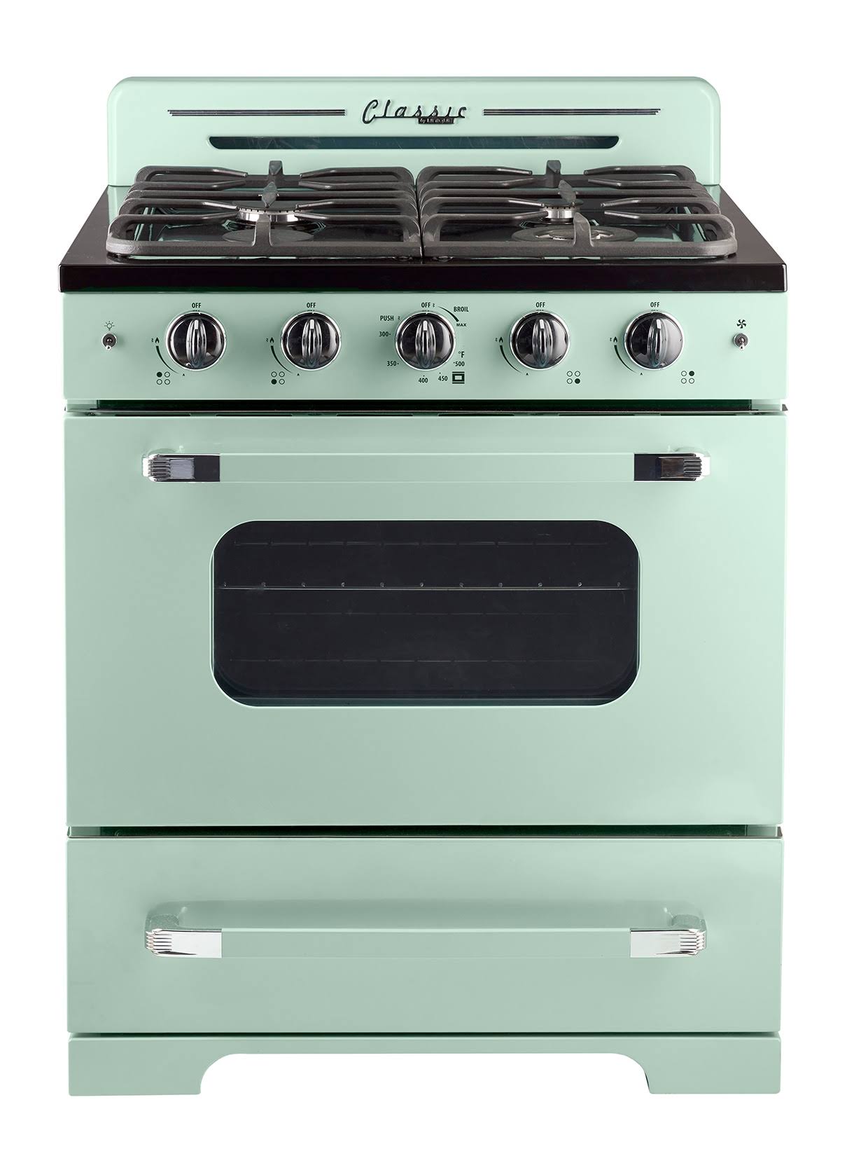 2cfaabda3baddffd06fb7524031bf1c8889bf824f08d3920b81b09bc3f1593f8.jpg Unique Appliances Classic Retro 30 inch Freestanding Gas Range with 4 Sealed Burners, 3.9 Cu. ft. Summer Mint Green - Image 1