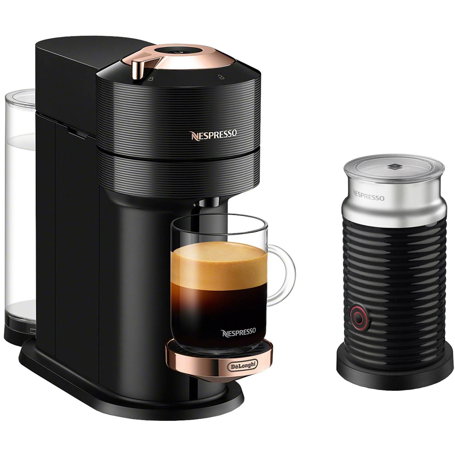 2d0b31726d87207722f12b7215181bda53ede8ab862de050237b6867479f636a.jpg Nespresso Vertuo Next Premium Coffee and Espresso Maker by DeLonghi with Aeroccino Milk Frother, Black Rose Gold - Image 1