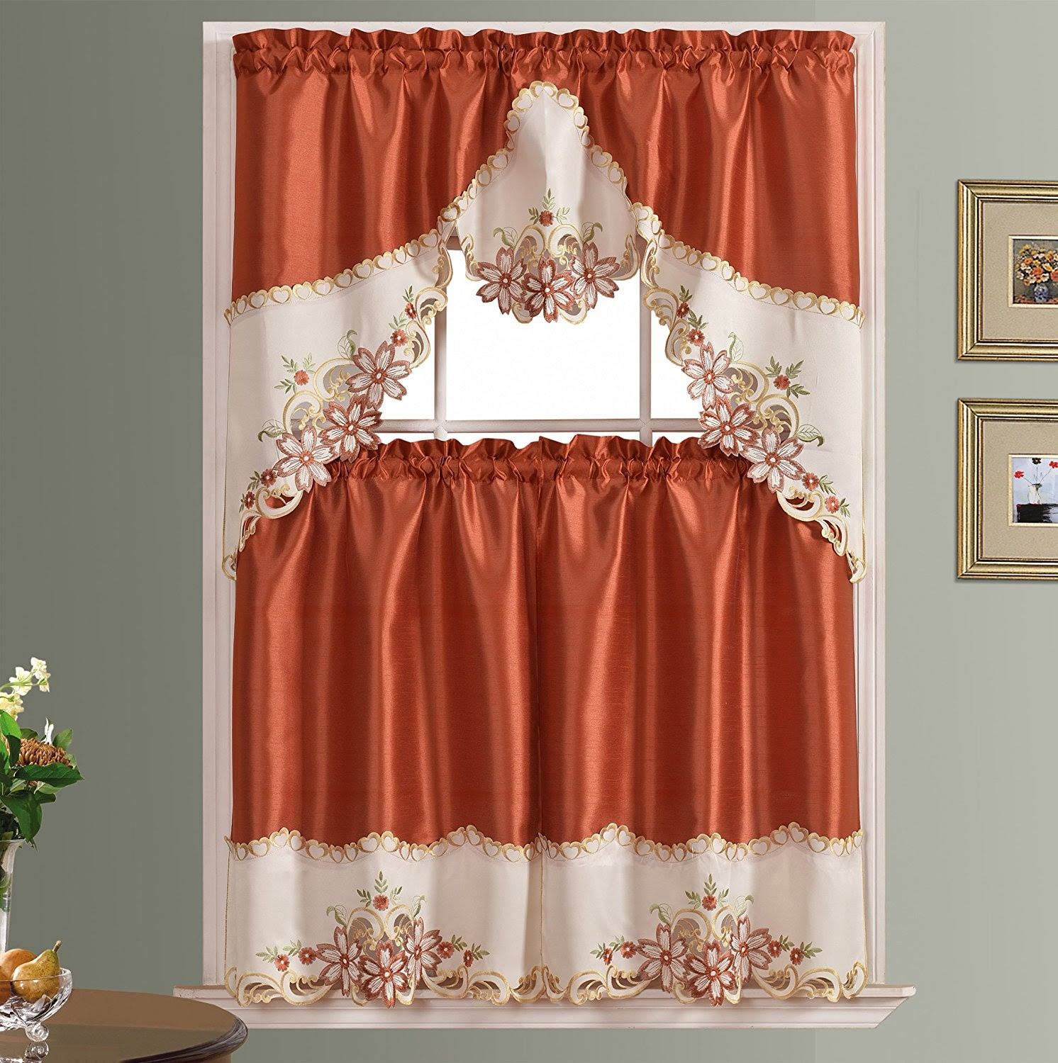 2d320fd3acf74d8dd087dafdb546ddff82a840fb9db5f2fa77481bd7247496d9.jpg GOHD Arch Floral Kitchen Curtain Set/Swag Valance & Tier Set. Nice Matching Color Floral Embroidery on Border with Cutworks (Rust) - Image 1
