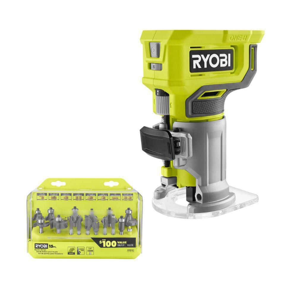2d9c49e85e246fcc71bd324e81869f45a6894dddc189472305bd54f871906f04.jpg Ryobi One+ 18V Cordless Compact Fixed Base Router (Tool Only) with Shank Carbide Router Bit Set (15-Piece) - Image 1