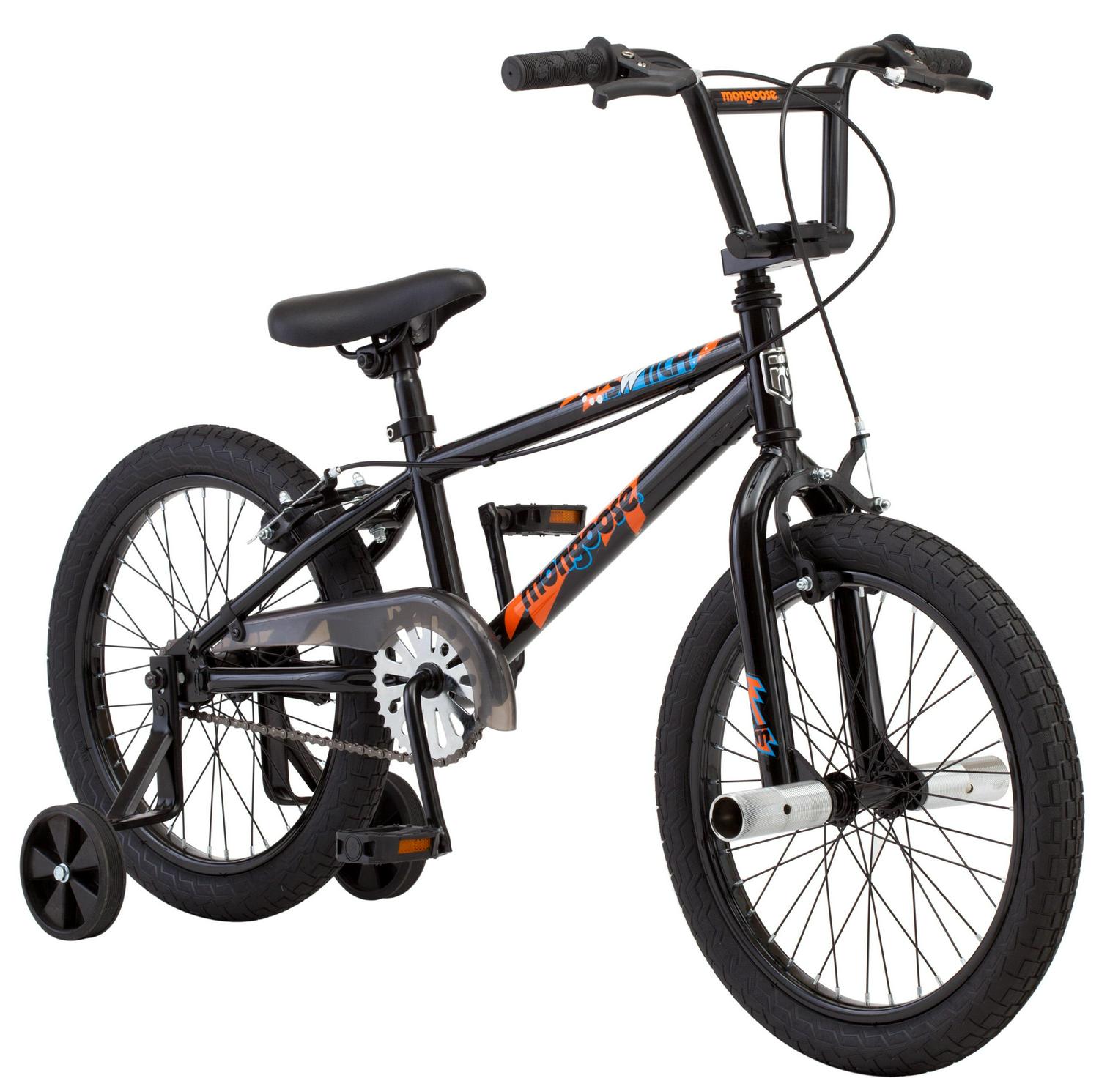 2db3a83a3cf38688ca76adf3ee4e28794be5744f6177f65d960ff9f106c324c4.jpg Mongoose Switch Kids Bike with Training Wheels. 18 in Wheels. Ages 5 - 9. Black - Image 1