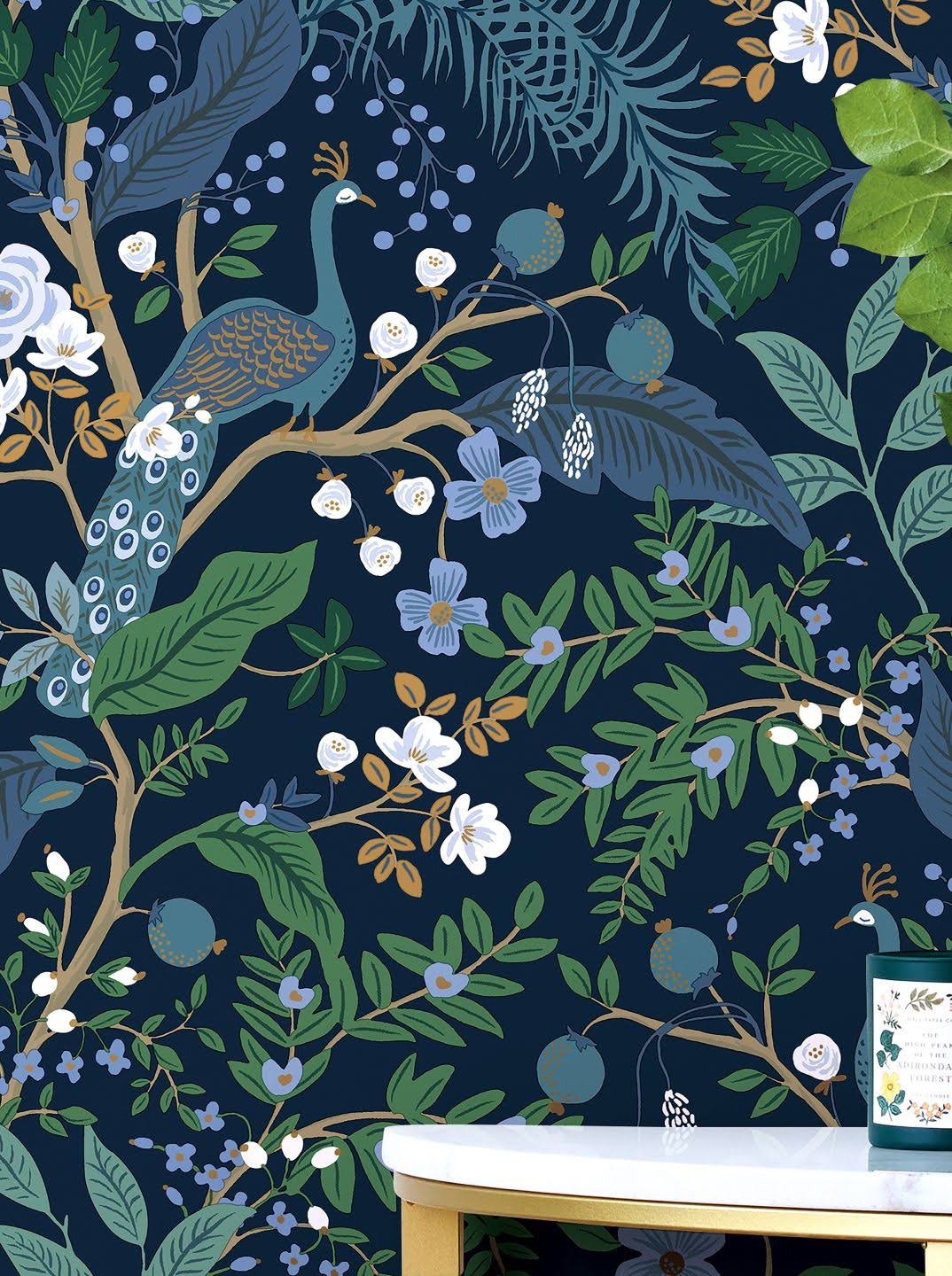 2e601316ff50bfbb11826184f3b4b853e609f593d172f452f5088c7920ed7617.jpg Rifle Paper Co. Peacock Garden Navy Peel and Stick Wallpaper - Image 1