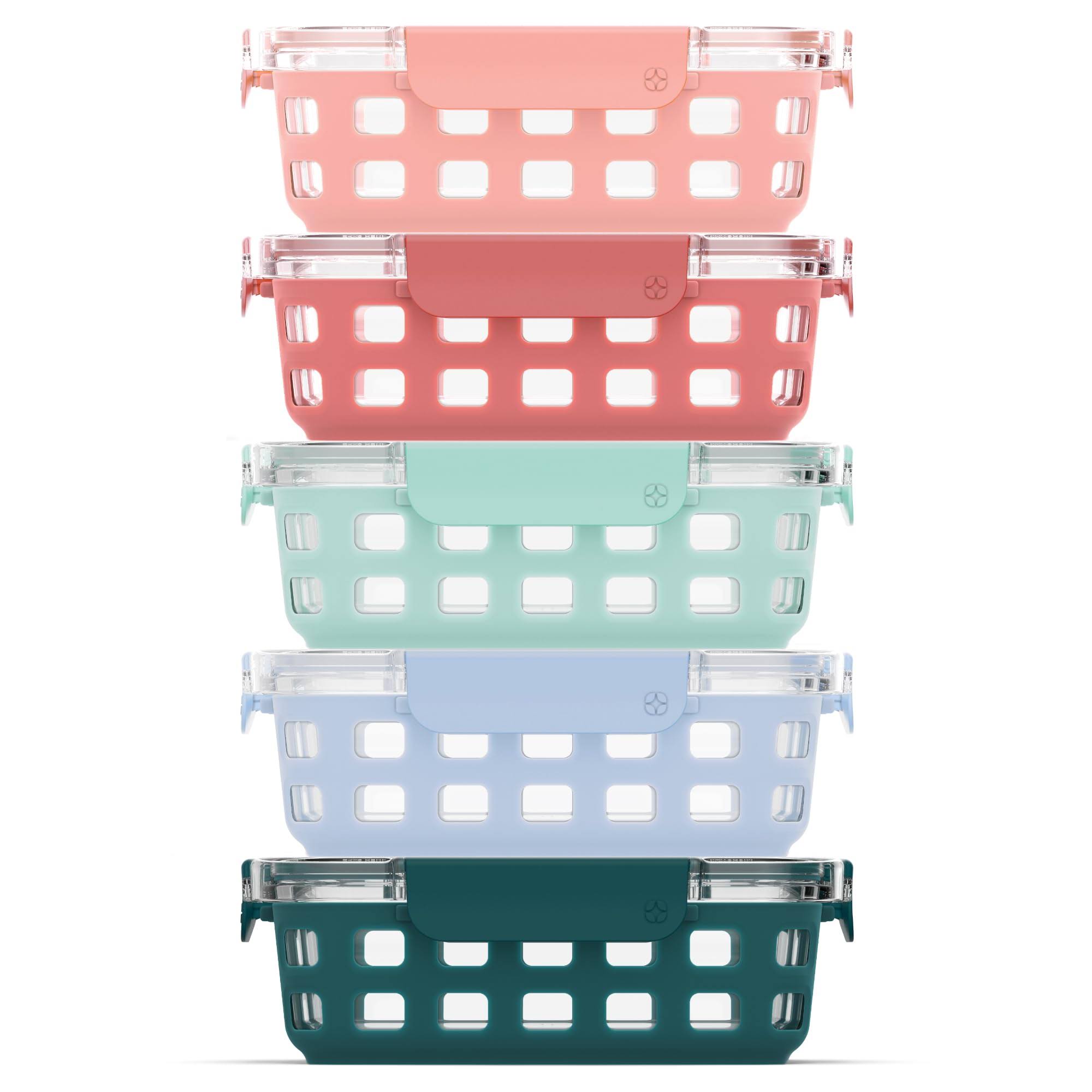 2e65d85d78fb66620f237c16887646ddf454ed10d530288f62693e09251989ed.jpg Ello Duraglass 3.4 Cup Meal Prep Sets 10pc, 5 Pack Set- Glass Food Storage Container with Silicone Sleeve and Airtight BPA-Free Plastic Lids, Dishwas - Image 1