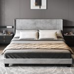 Dextrus Upholstered Wingback Platform Bed with Gray Velvet Headboard, Bed Frame with Wood Slat / No Box Spring Needed / Mattress Foundation, Full