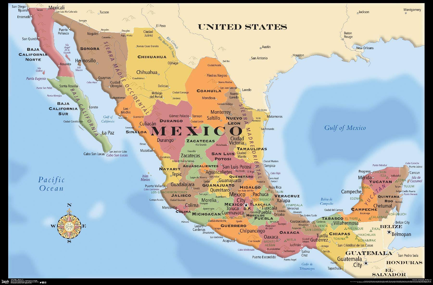 2edc995990e407e4d097d6d165ca19459fc12ca0f8c4da7b683ad983f052b399.jpg 22" x 34" Map: Mexico Unframed Wall Poster - Trends International - Image 1