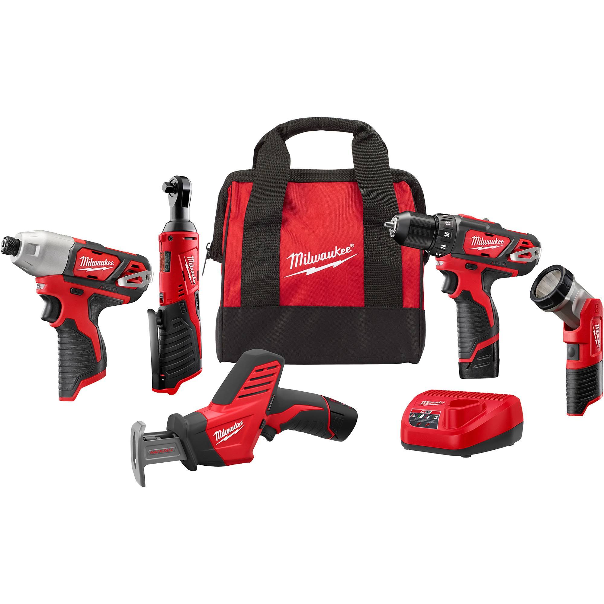2f0800569fefa7cab56e0e0f5dc3139e0b4e2484604257a02578e0c0abc89974.jpg Milwaukee 2498-25 M12 Cordless Lithium-Ion 5 Tool Combo Kit - Image 1