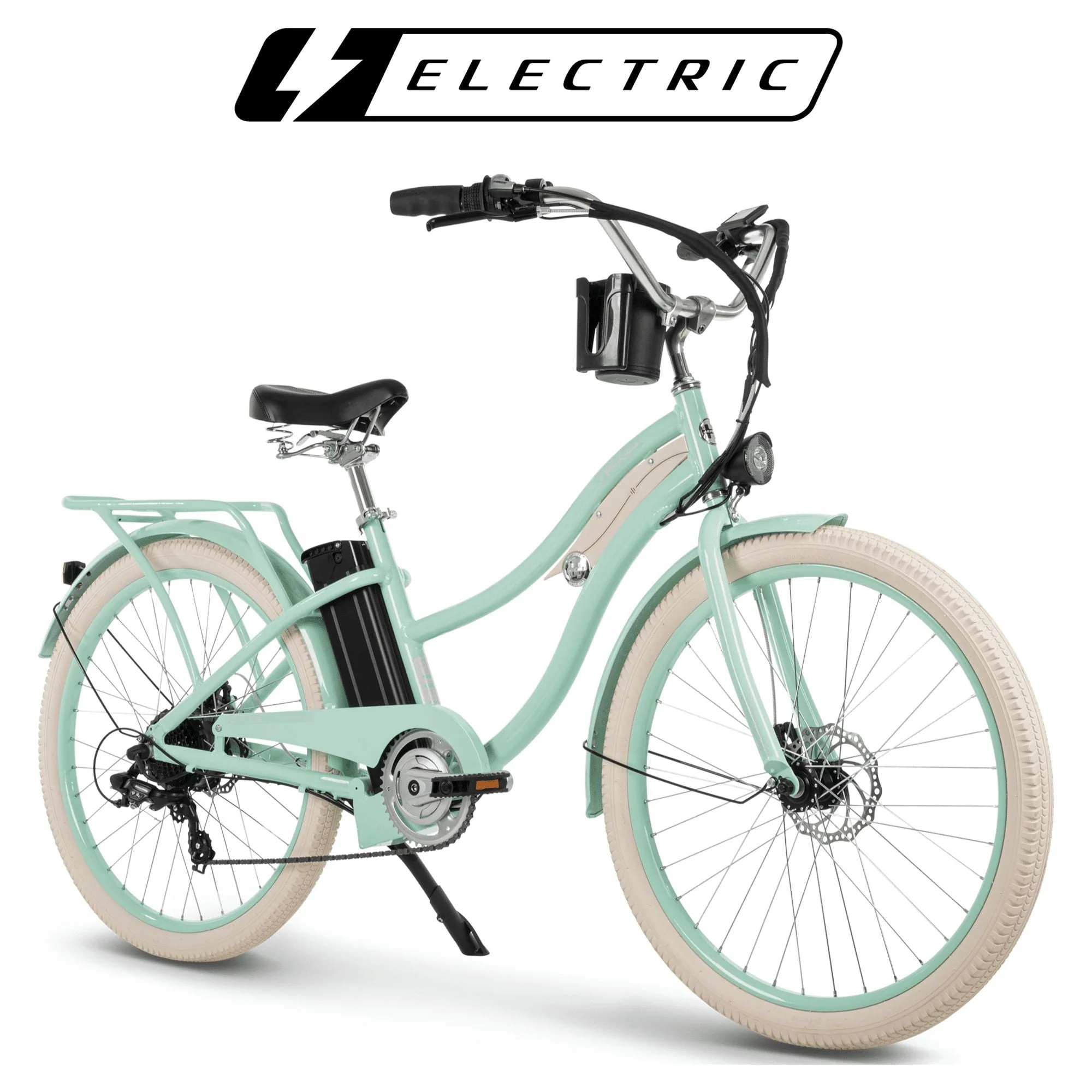 2f35fb4601024bdb612be58d8e8b90a7a23fbcef8d4139474da0ff939b1d70a6.webp Nel Lusso 26 - Inch 7 - Speed Electric Cruiser Bike with Throttle, Mint Green, 36V, 350W, UL 2849 Compliant, by Huffy - Image 1