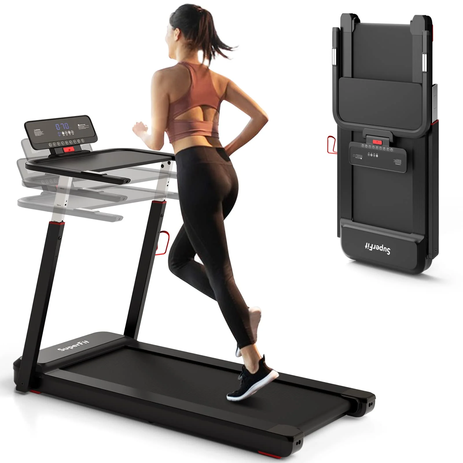2f70d538056e7f1d16a6ec70322e6eaddd1135ffcc1b87a07ff7a19df44da55f.webp 3HP Foldable Treadmill Portable Walking Machine with Desk, Adjustable Height, Bluetooth Speaker, APP Control, LED Display, 25 Preset Programs - Image 1