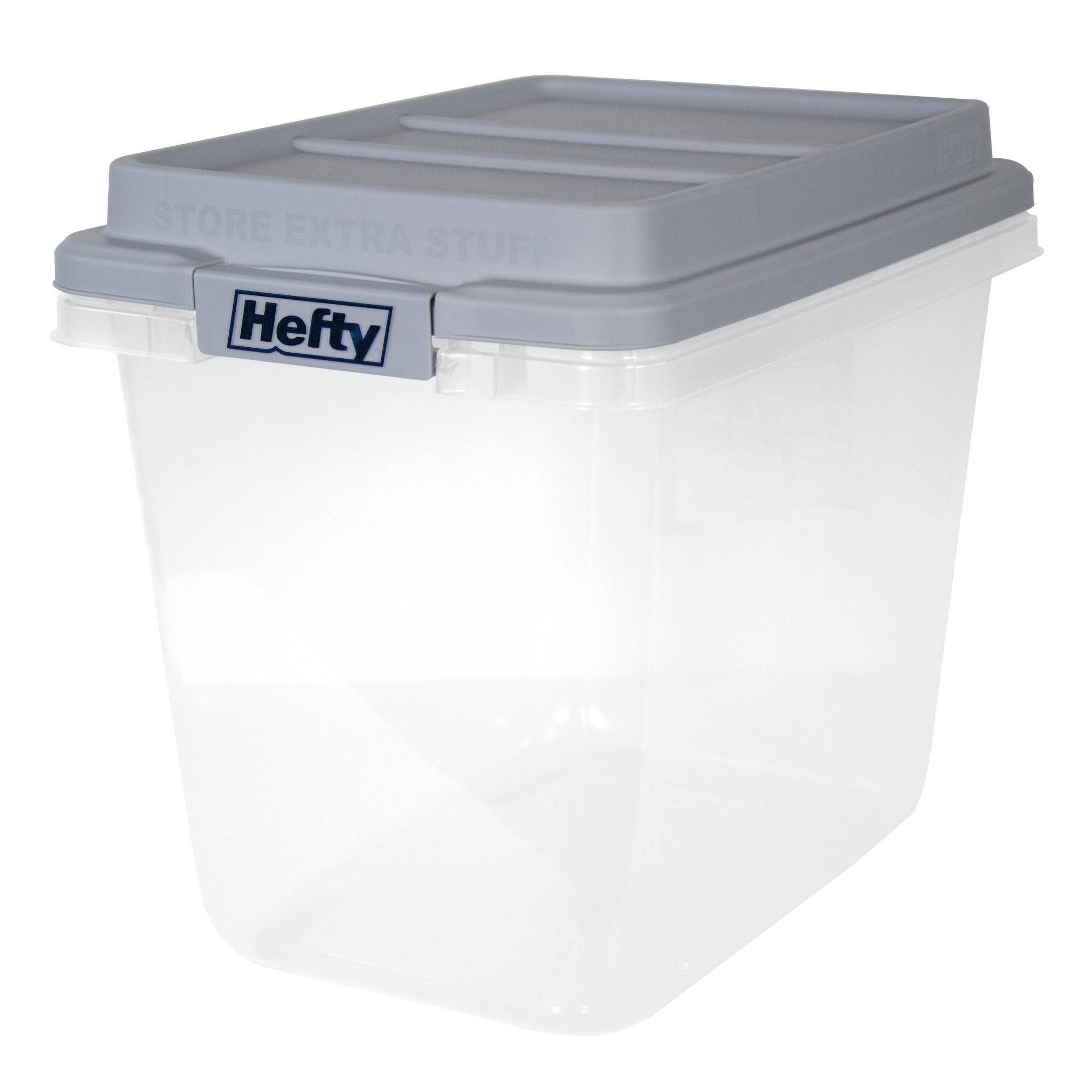 2f7cd1e9741e19aaea0f29102837b3a0cd61ff5256f49000a1accabc65c448b9.jpg Hefty 32qt Slim Clear Plastic Storage Bin with Gray Hi-Rise Stackable Lid - Image 1