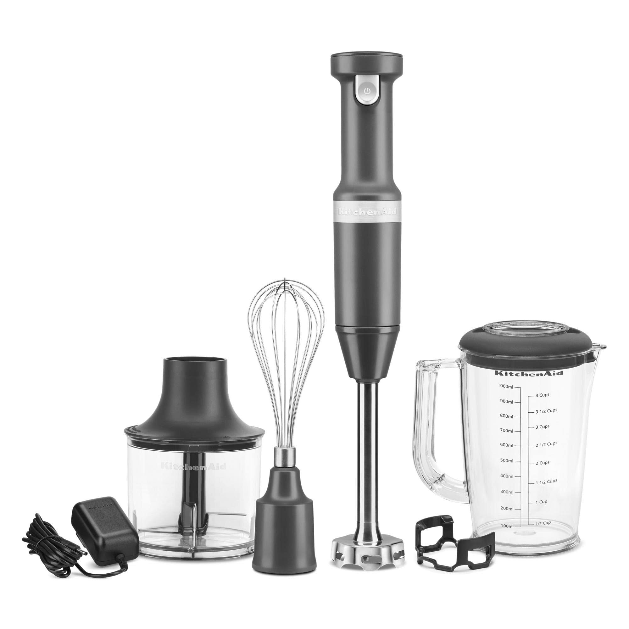 2fa123b0713f2c9f471098d46dae06fef5b9fae4f7be0588787c1227987b2715.jpg KitchenAid Cordless Variable Speed Hand Blender with Chopper and Whisk Attachment Grey - Image 1
