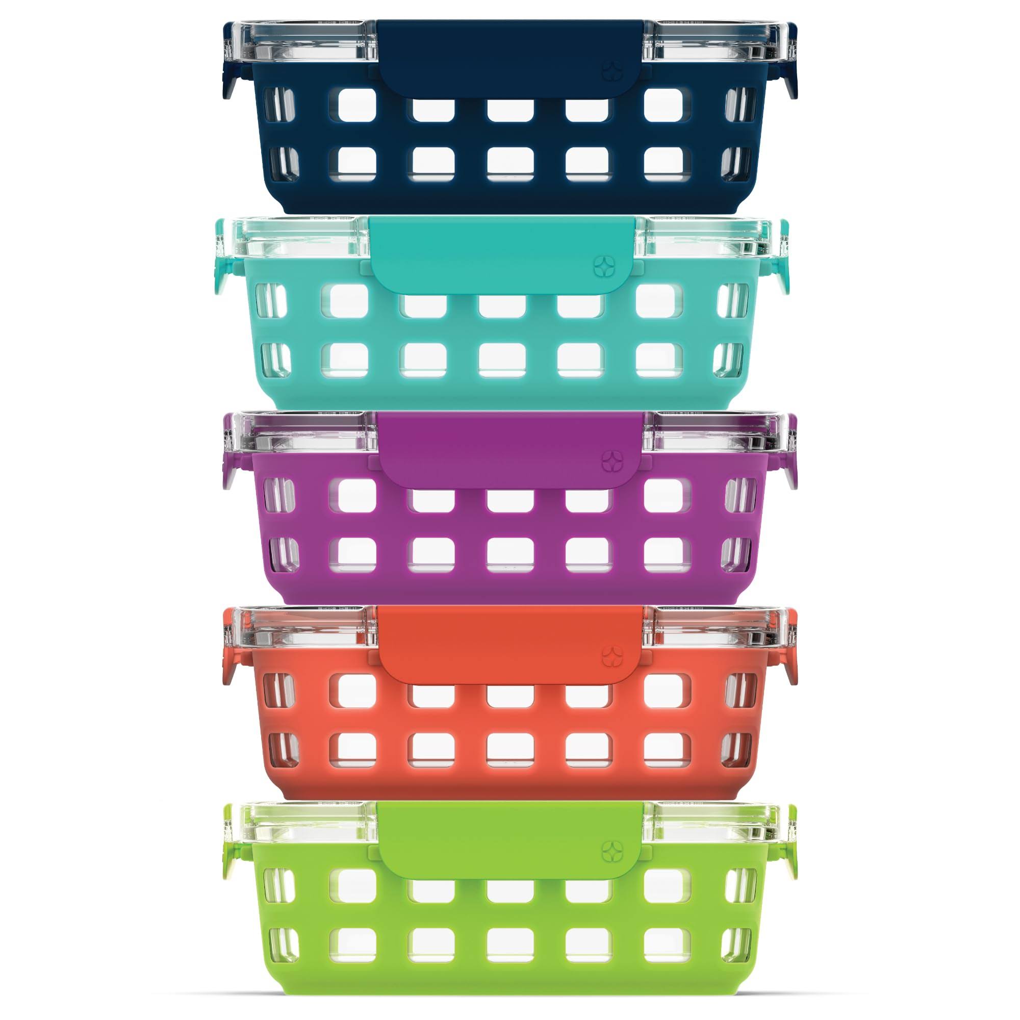 2fc229a1491e93f47fc70e3feab82595dd0ff493c115bc2a2063dce22a6bd230.jpg Ello Duraglass 10-Piece Set Meal Prep Glass Food Storage Containers (Fruit Salad) - Image 1