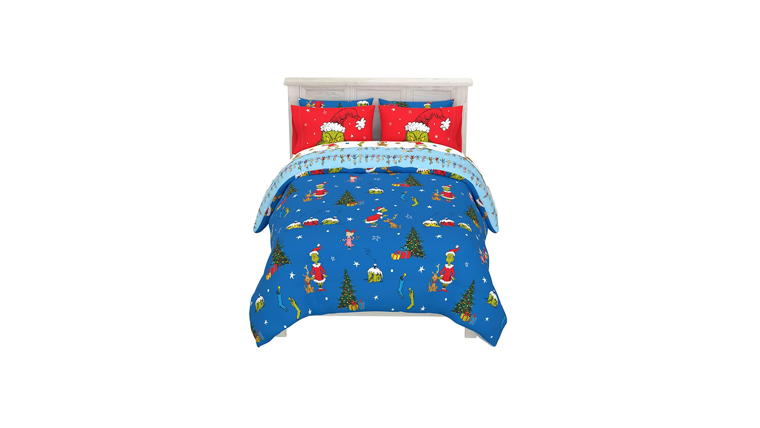 300d20844a889e09829c9832d191a49b166ef611545bcc8d407f03d45f454743.jpg Franco Grinch by Dr. Seuss Holiday & Christmas Bedding Super Soft Comforter and Sheet Set with Sham - Image 1