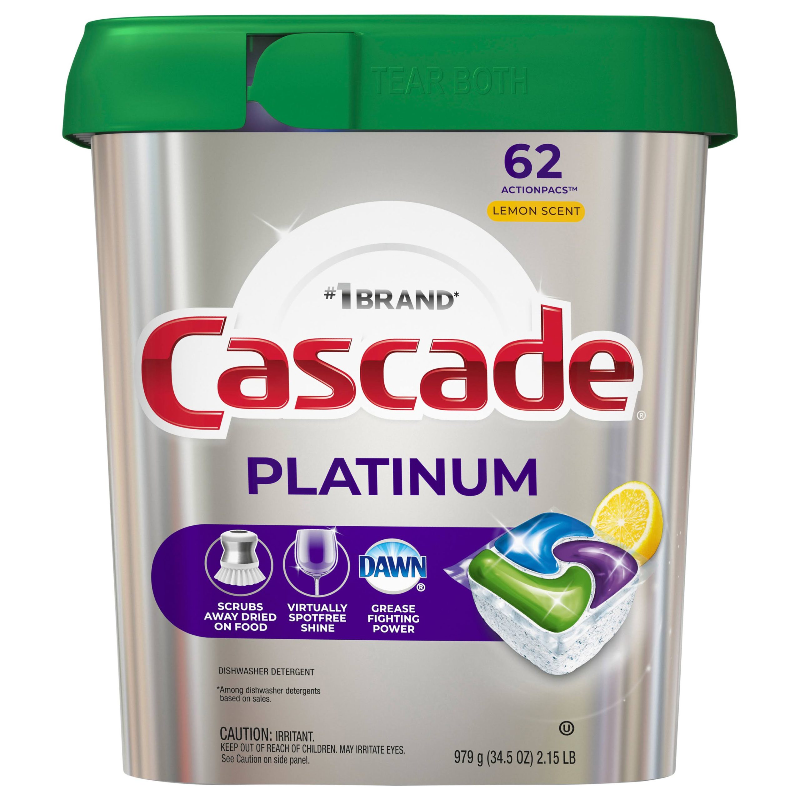 306e894159a38b1016c215ffd7e1bf24406d30b6c20733151ed9d2a5a5ca8985.jpg Cascade Platinum Dishwasher Detergent, Lemon Scent, Actionpacs - 62 actionpacs, 979 g - Image 1
