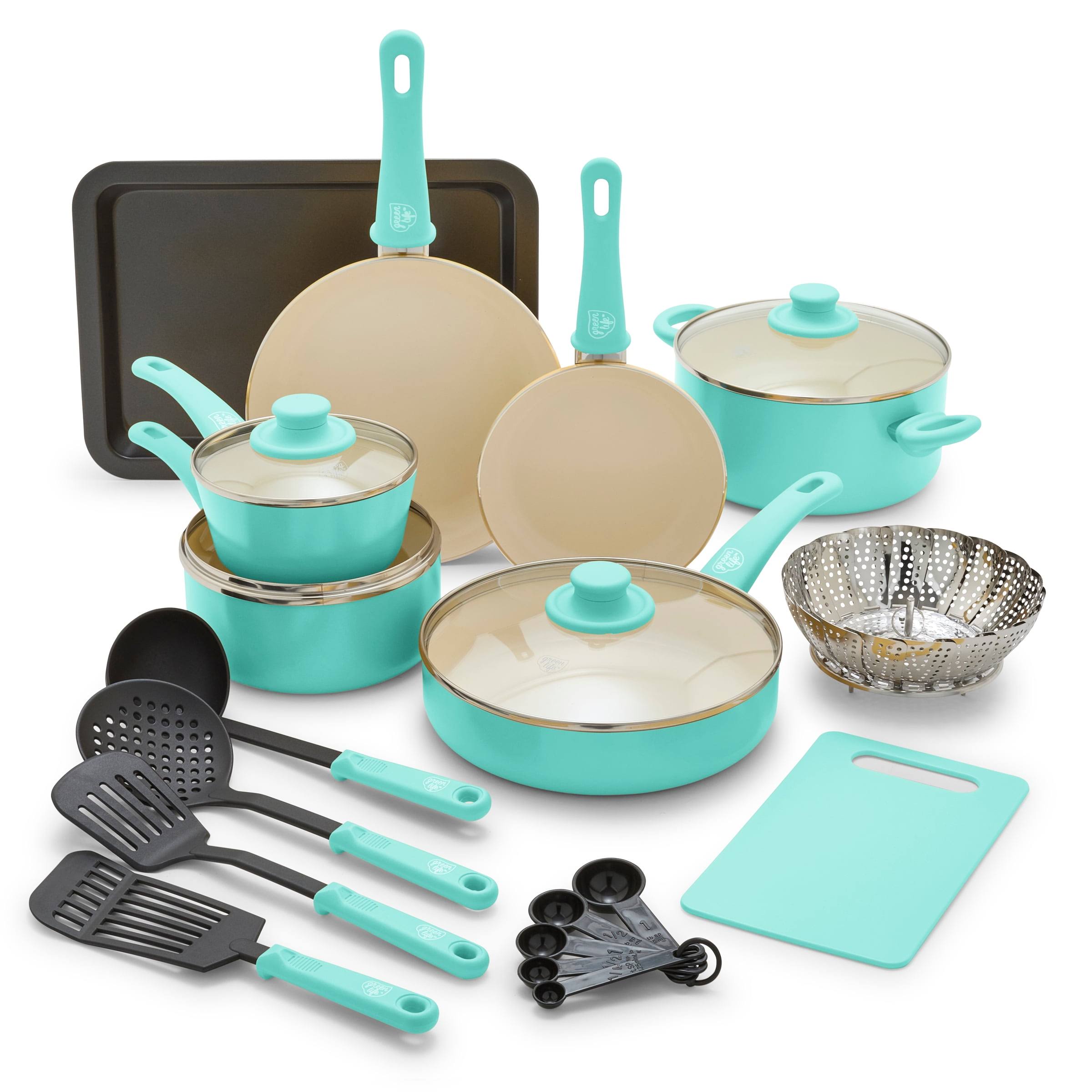 30a758a98b4e9fee3b3da66aad90fb5c00ced16553a9eead70246d8ee6c79b29.jpg GreenLife 18-Piece Soft Grip Toxin-Free Healthy Ceramic Non-Stick Cookware Set, Turquoise - Image 1