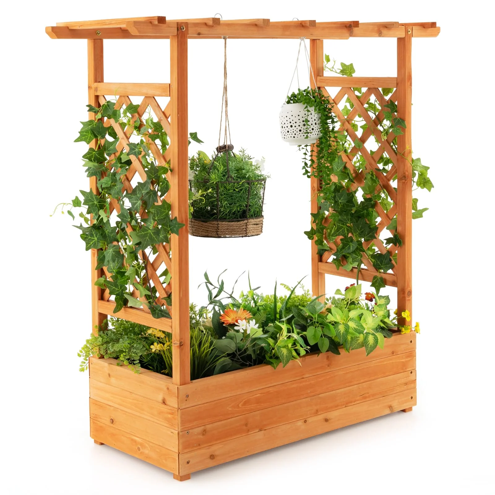 30b940348eddf85c38df1ebd0e5935563502f239087024edf2982e44b9b7c3fe.webp Raised Garden Bed with Arch Trellis & Hanging Roof, Freestanding Fir Wood Elevated Planter Box with Drainage Holes for Climbing Plants Flowers Vines - Image 1