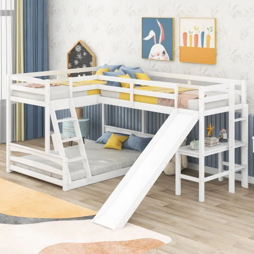 30d0e7f17a9de8b490ef791b2d1cb6513364d9323958d46f4b4e7f1e84df7996.webp L Shaped Triple Bunk Bed for 5, Twin Over Full Bunk Bed and Twin Size Loft Bed with Built - in Desk, and Slide, Full - Length Guardrail, White - Image 1