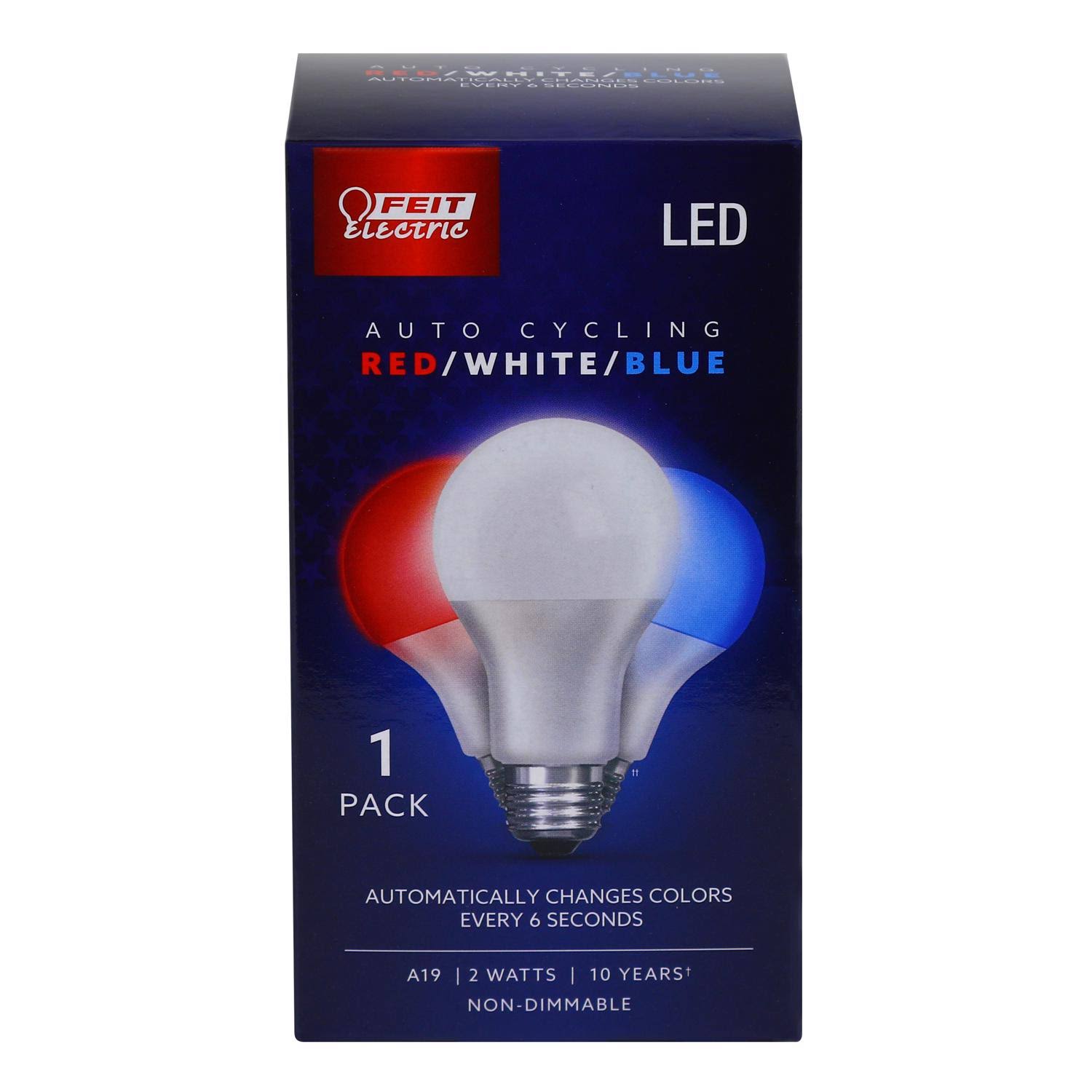 3135b836a813a42b34af9810677382c333ef473ebf42044acc70c073e89b9591.jpg Feit Electric A19 E26 (Medium) Auto Cycling LED Bulb Blue/Red/White 7 Watt Equivalence 1 Pk - Image 1