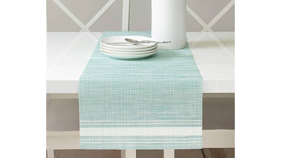 313cf1d6a2324d646c4cef3aeaf11a69643f09362c20e8fb7dddc65802c64855.jpg Real Living - Aqua Stripe-accent Bistro Table Runner - Image 1