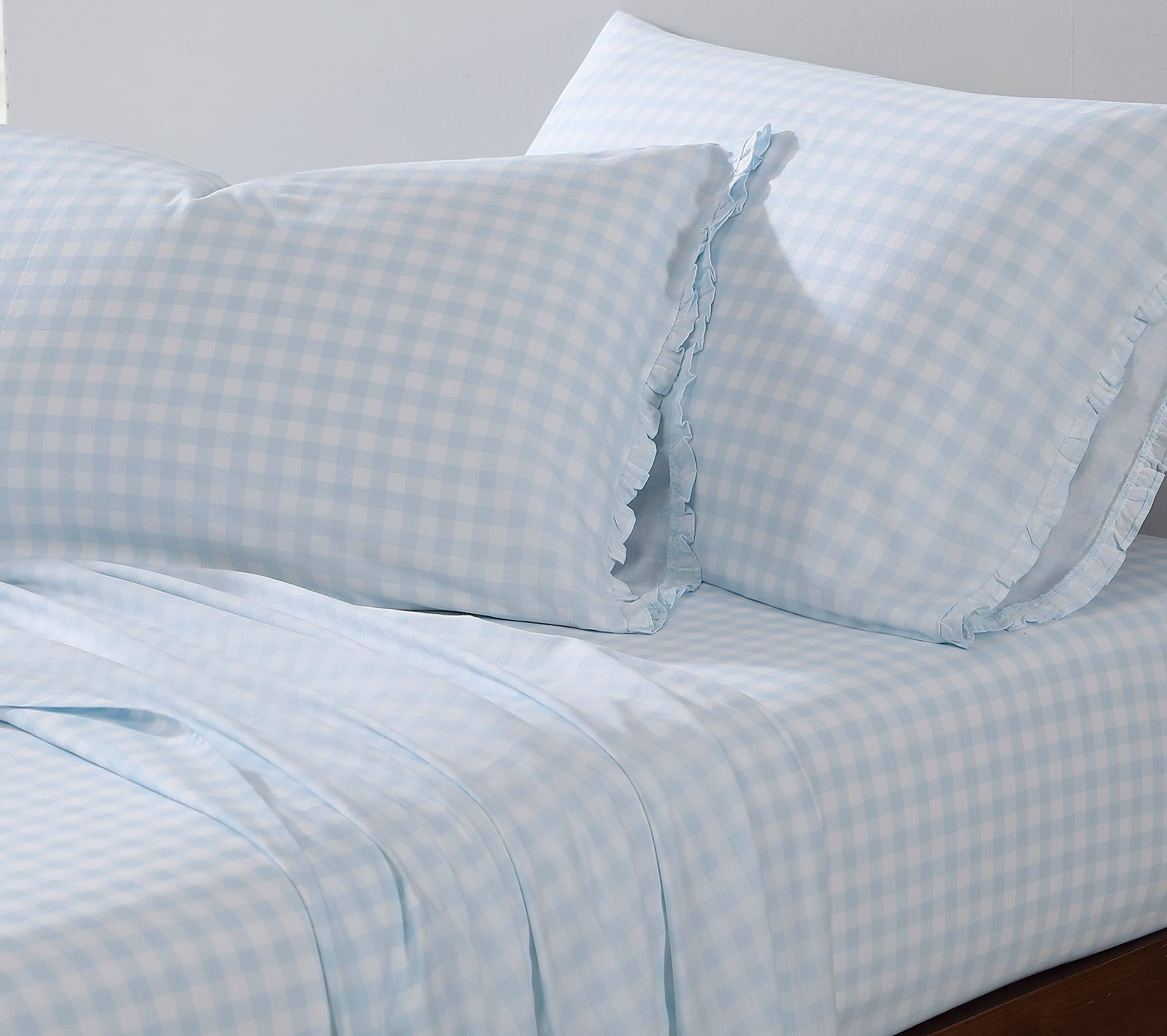313d4d391e20afb3f6ee0cf29942268a84c6192d6927c55ce1474f2216178360.jpg Shabby Chic - Twin Sheets, Soft & Breathable Organic Cotton Bedding Set, Classic Style Home Decor with Ruffled Pillowcase (Gingham Blue, Twin) - Image 1