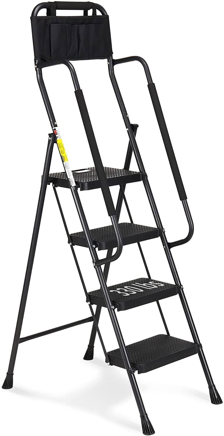 3188ffbe899a31a9c912bd7fff9e489b993455c625601e626a7af36b6f20bd1c.jpg HBTower 4 Step Ladder with Handrails, Folding Step Stool with Attachable Tool Bag & Anti-Slip Wide Pedal for Home Kitchen Pantry Office, 330lbs - Image 1