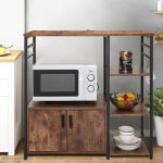 Kitchen Baker's Rack with Storage and 8 Hooks. 4 Tier Microwave Stand with Cabinet. Coffee Bar Station for Small Space. Rustic Brown